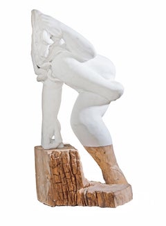 Donna - escultura tallada a mano en mármol italiano de Carrara + madera de roble ( 30 "x 9 "x 19" )