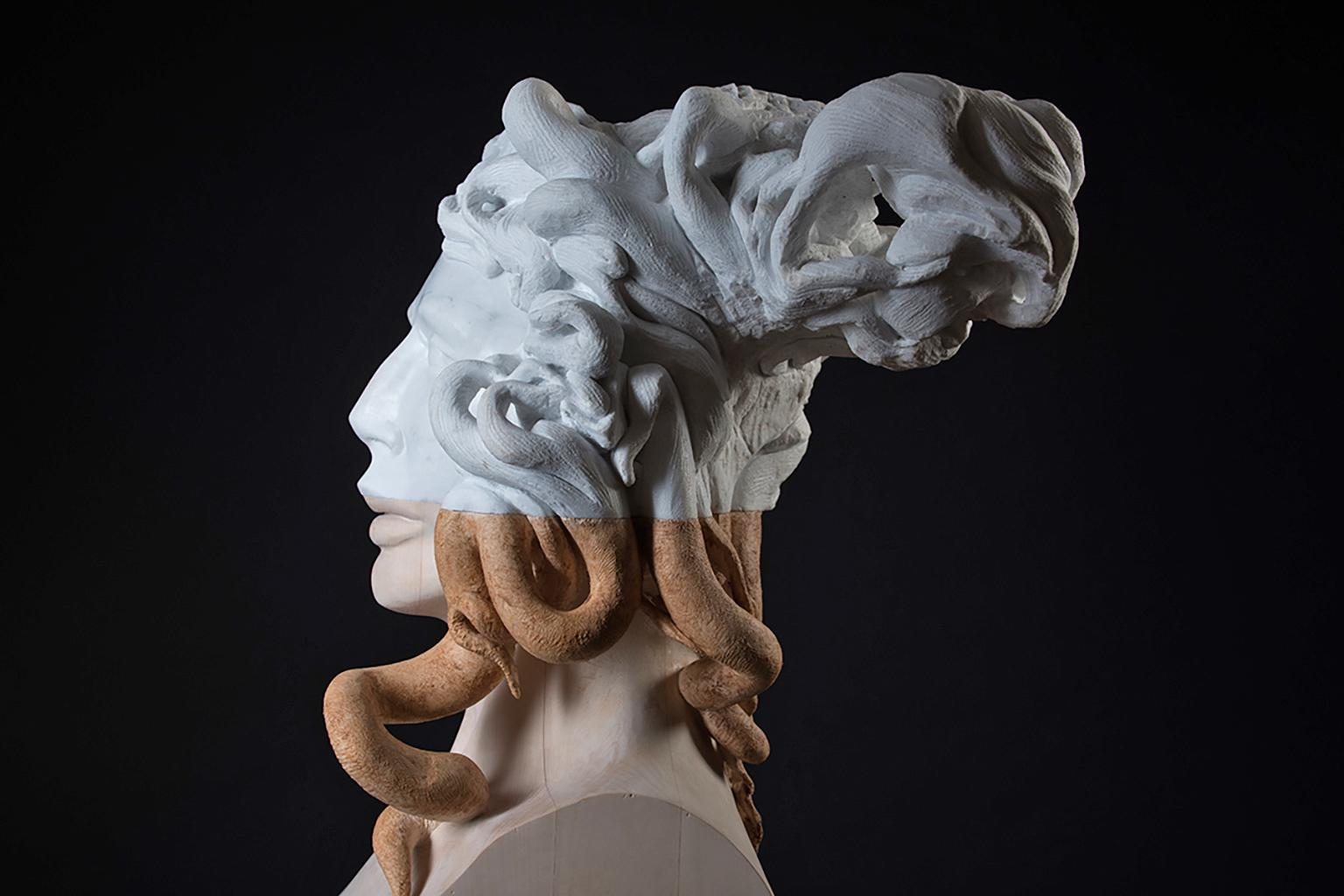 Medusa, statuaire sculptée à la main en marbre de Carrare et bois de tilleul italien - Contemporain Sculpture par Lorenzo Vignoli