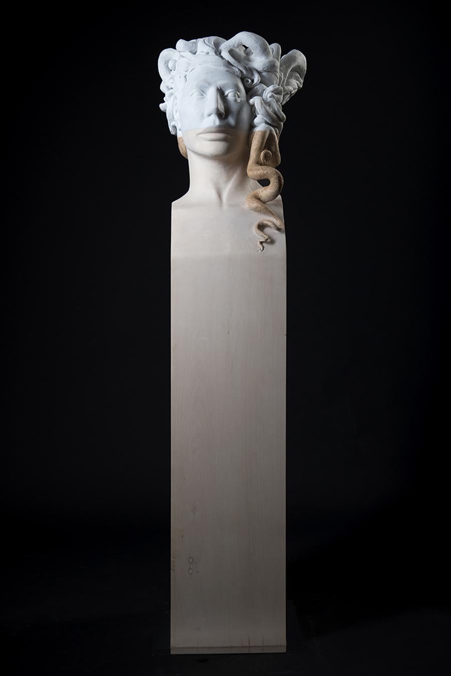 Medusa - statuesque hand carved Carrara marble and Italian linden wood sculpture - Brown Nude Sculpture by Lorenzo Vignoli