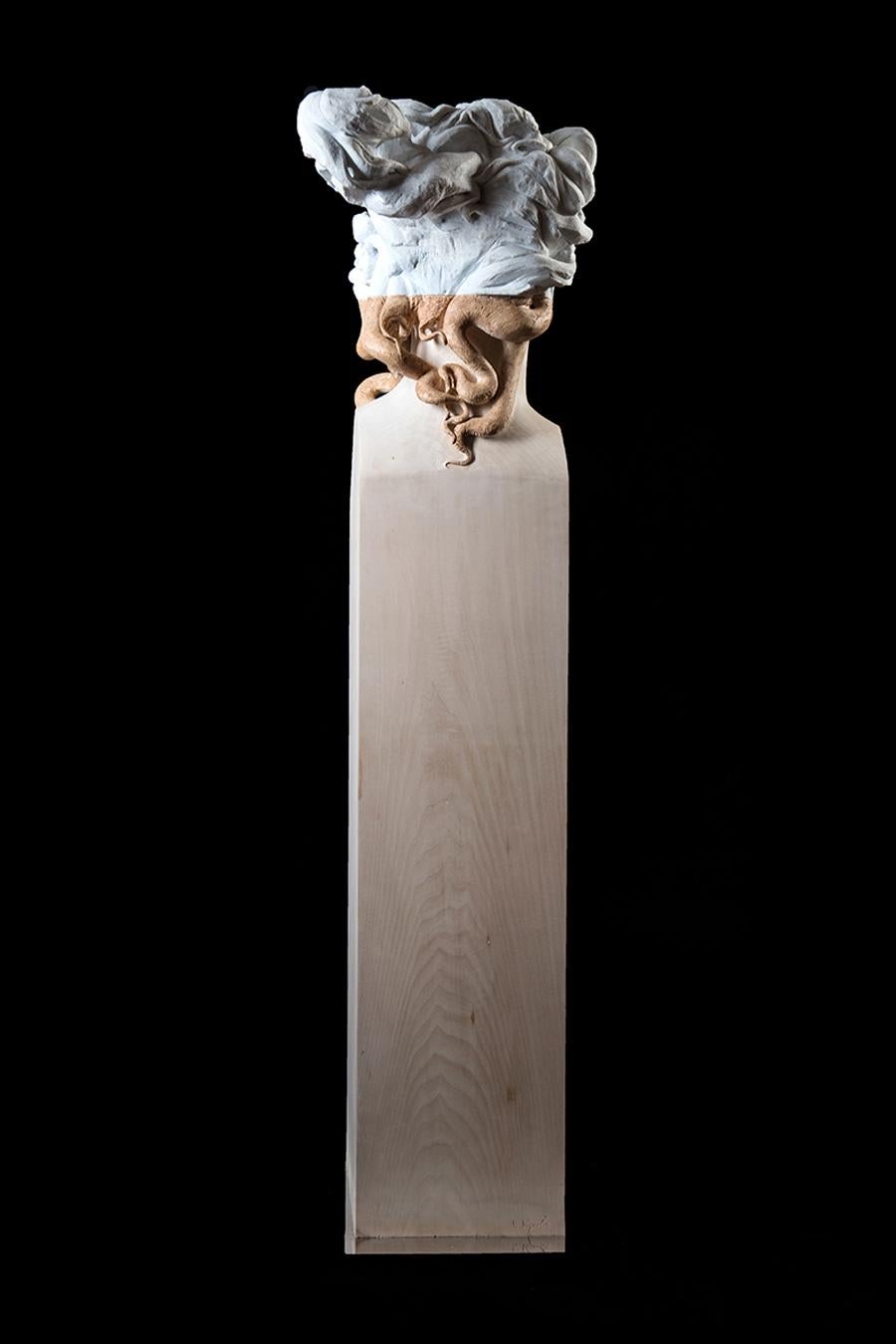 Medusa - statuesque hand carved Carrara marble and Italian linden wood sculpture For Sale 1
