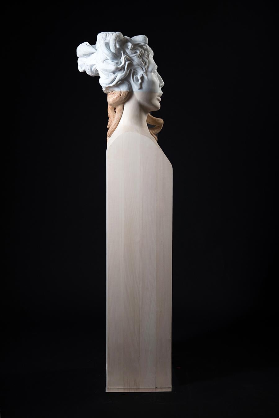 Medusa - statuesque hand carved Carrara marble and Italian linden wood sculpture - Contemporary Sculpture by Lorenzo Vignoli