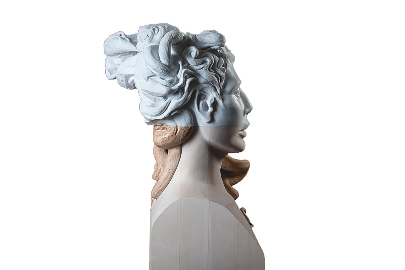 Medusa - statuesque hand carved Carrara marble and Italian linden wood sculpture - Sculpture by Lorenzo Vignoli