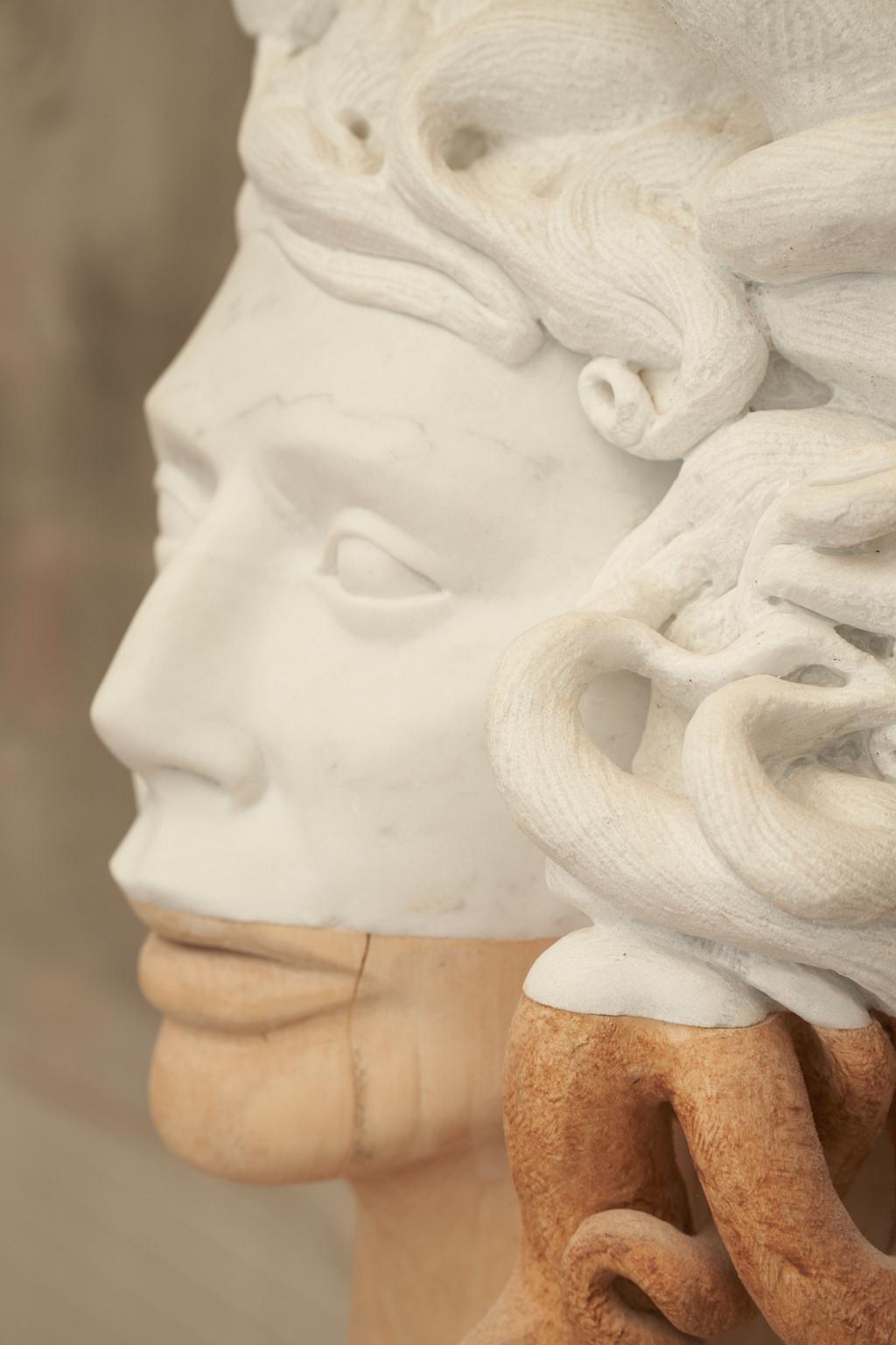 Medusa - statuesque hand carved Carrara marble and Italian linden wood sculpture For Sale 7