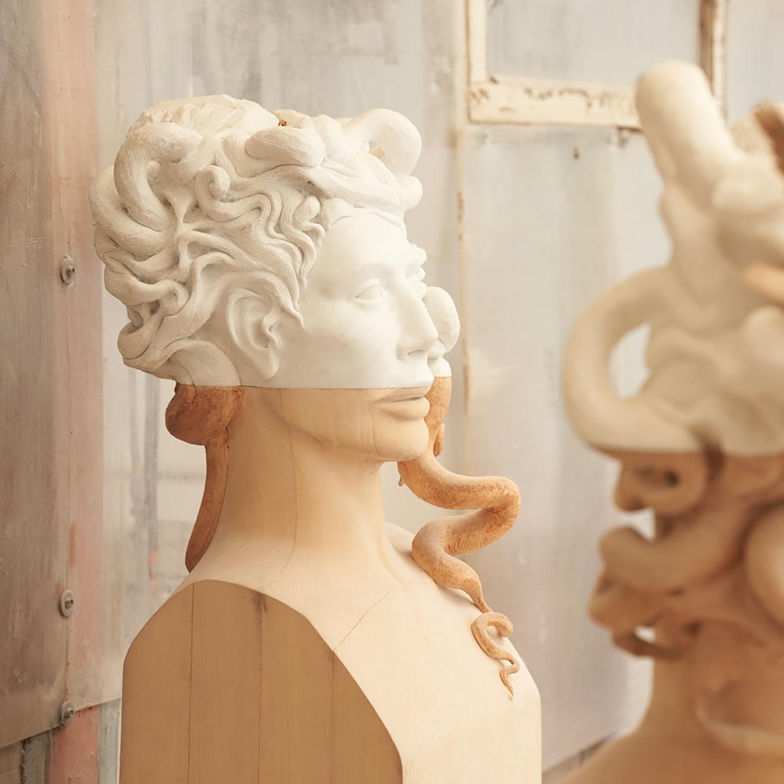 Medusa - statuesque hand carved Carrara marble and Italian linden wood sculpture For Sale 6