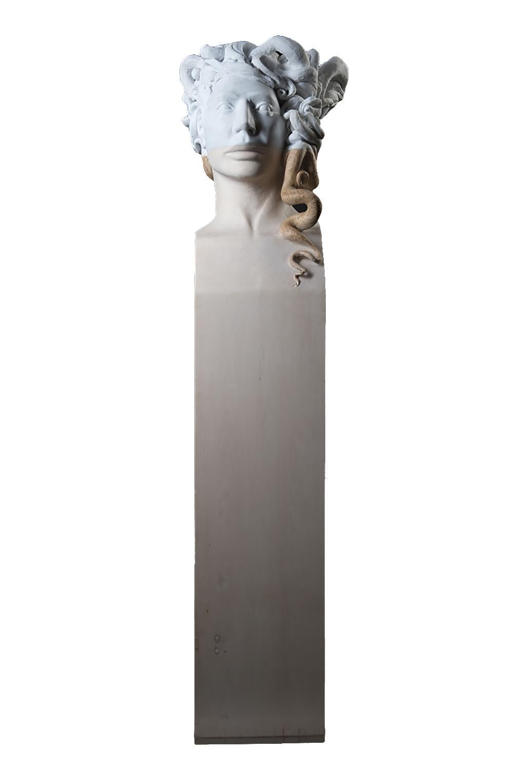 Lorenzo Vignoli Nude Sculpture - Medusa - statuesque hand carved Carrara marble and Italian linden wood sculpture