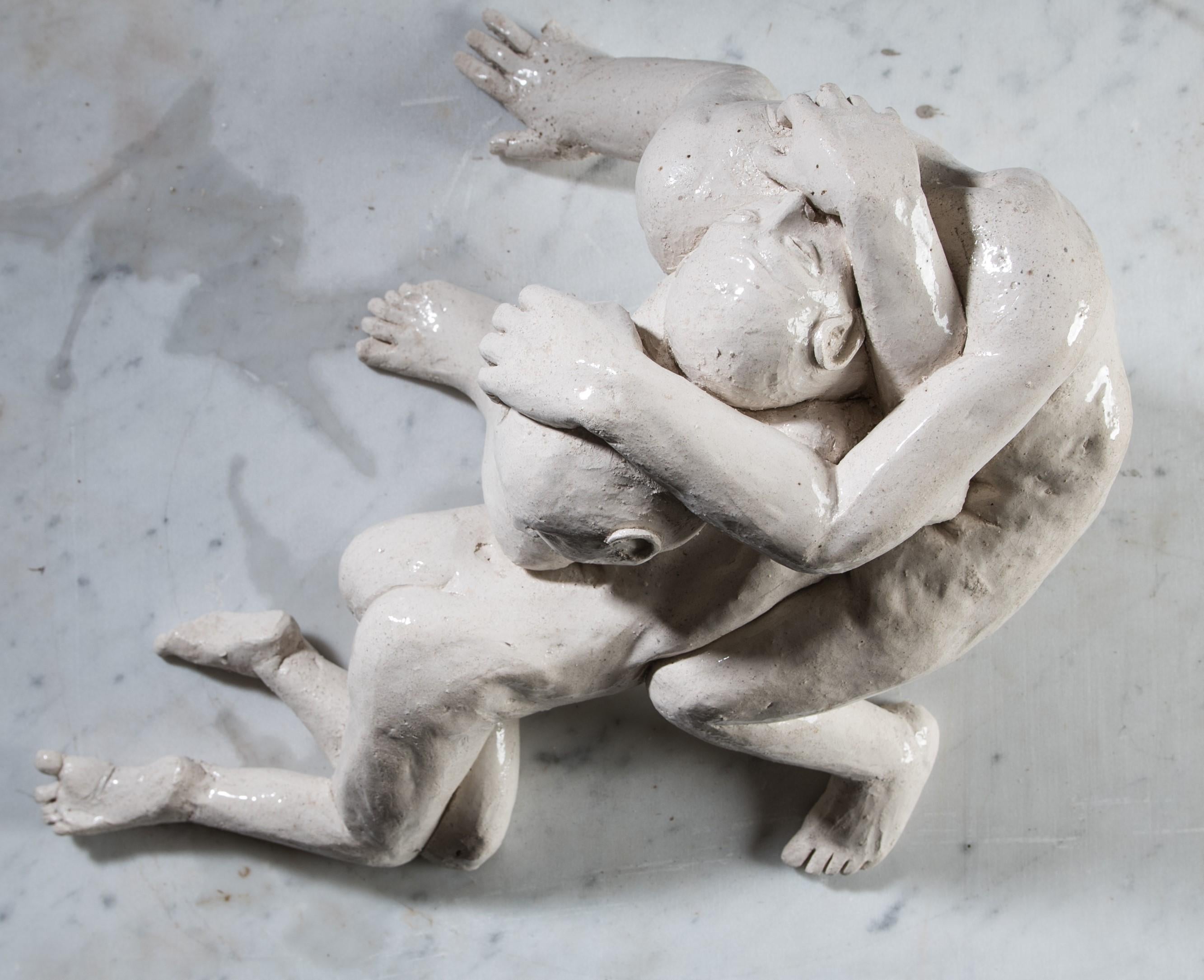 Pieta II - contemporary interpretation of iconic embrace tabletop sculpture  - Gray Nude Sculpture by Lorenzo Vignoli
