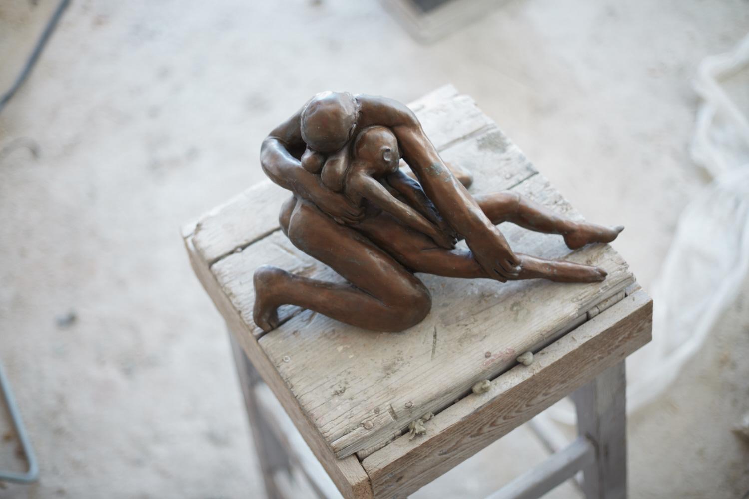 Pieta III - contemporary tabletop figurative bronze sculpture - Gold Nude Sculpture by Lorenzo Vignoli