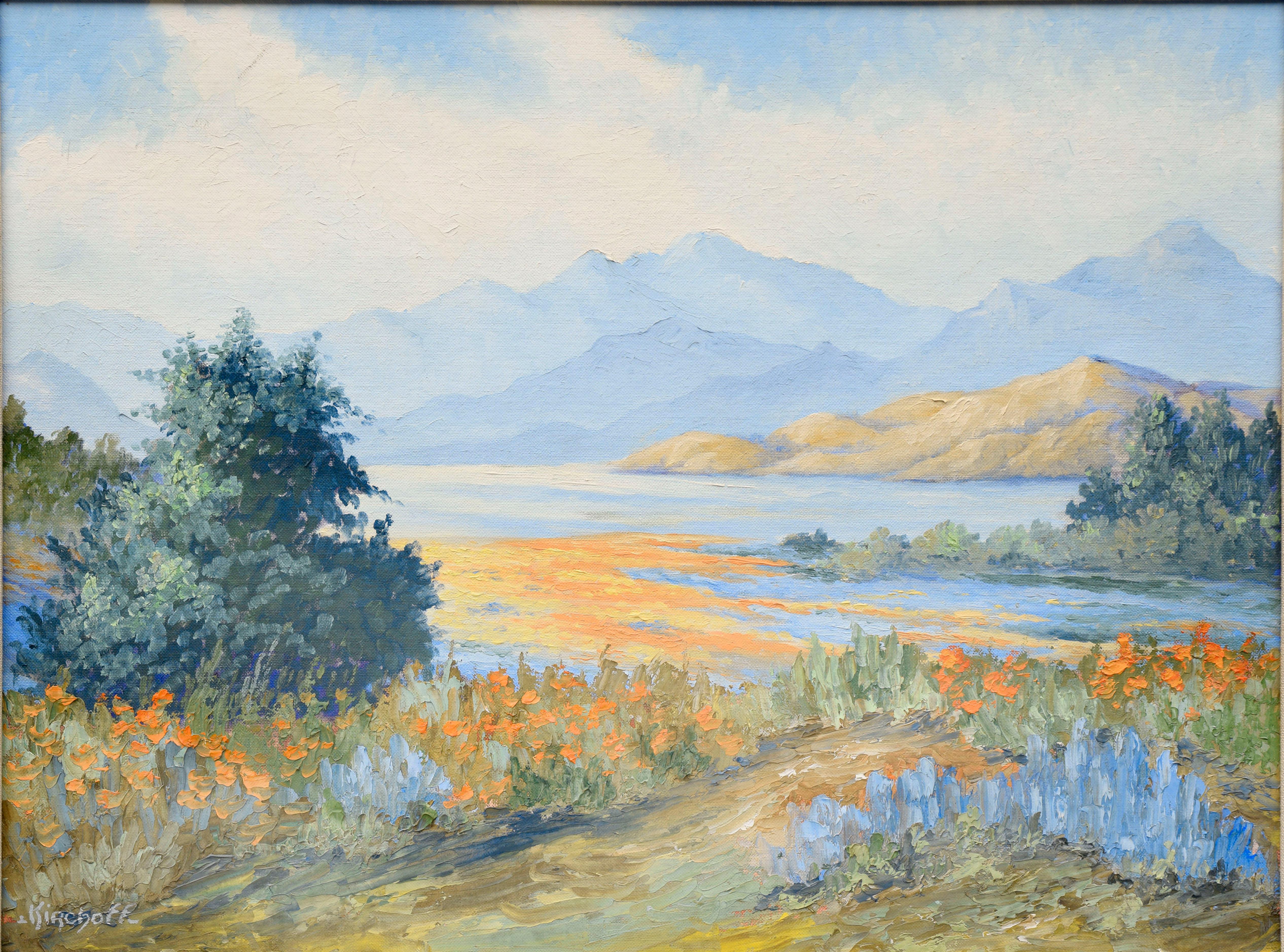 Mid Century California Lupines and Poppies Wildflower Landscape - Painting by Loretta Adele Lee Kirchoff