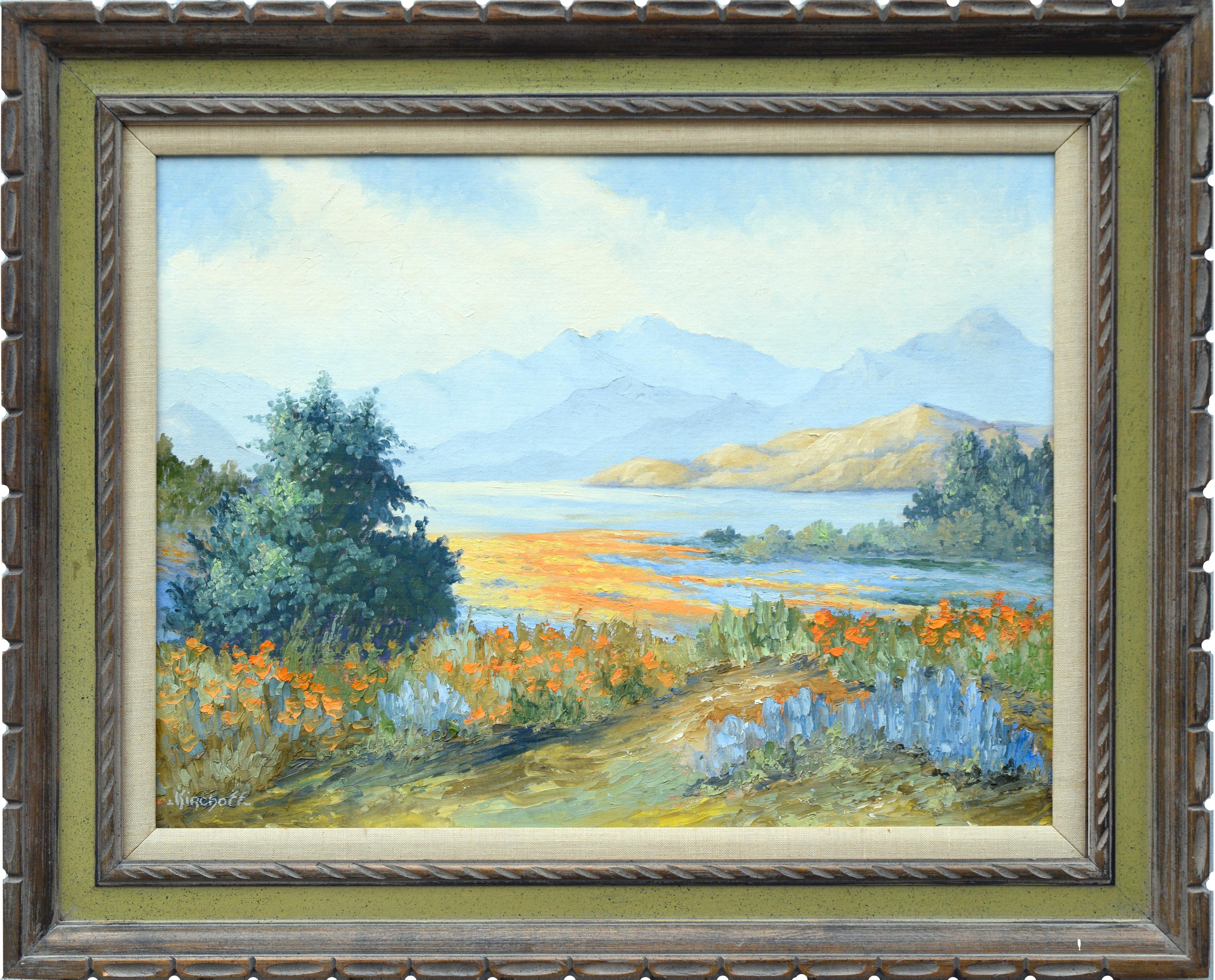 Loretta Adele Lee Kirchoff Landscape Painting - Mid Century California Lupines and Poppies Wildflower Landscape