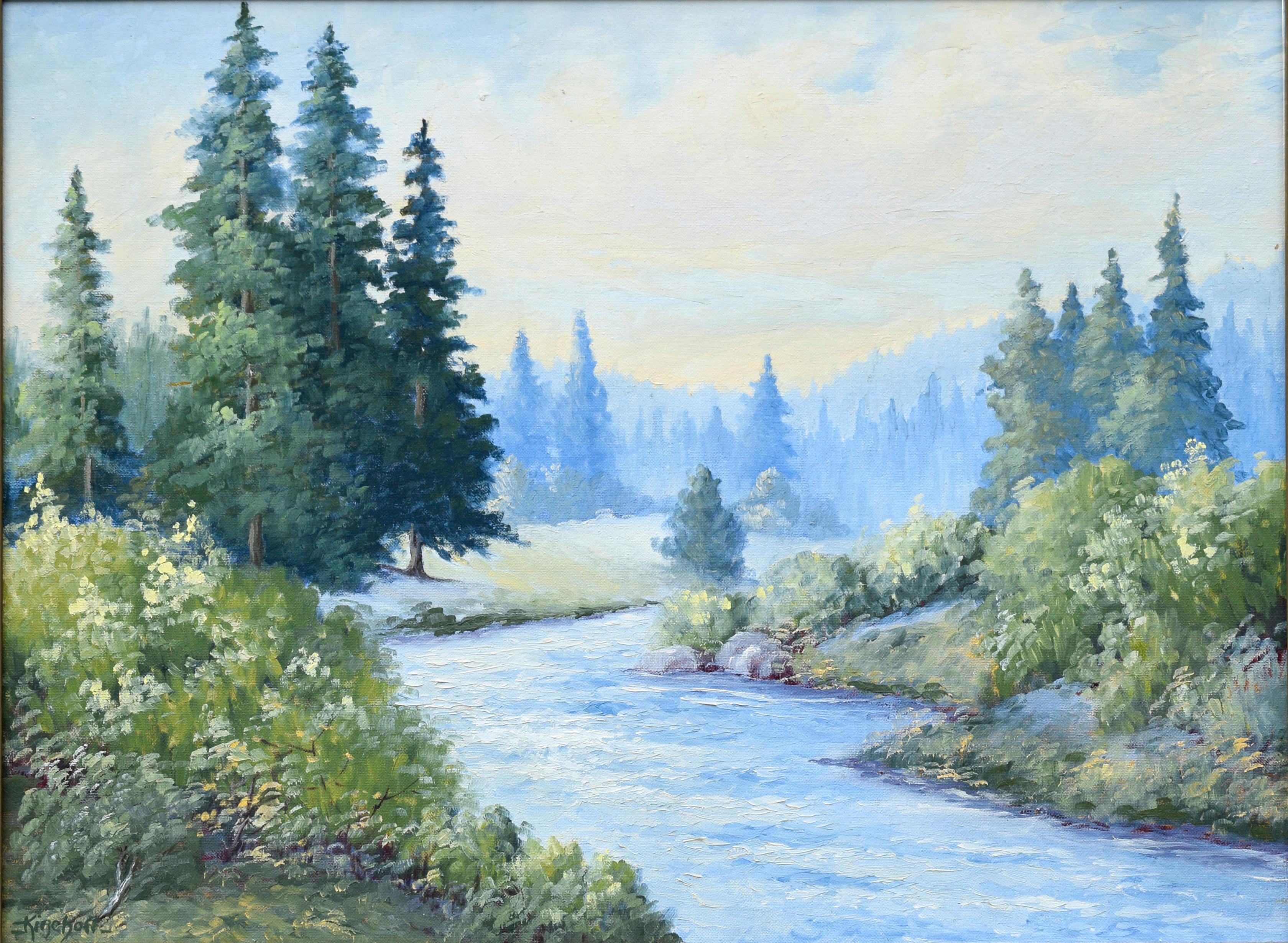  McKenzie River, Oregon - Mid Century Pacific Northwest Evergreen Landscape - Painting by Loretta Adele Lee Kirchoff