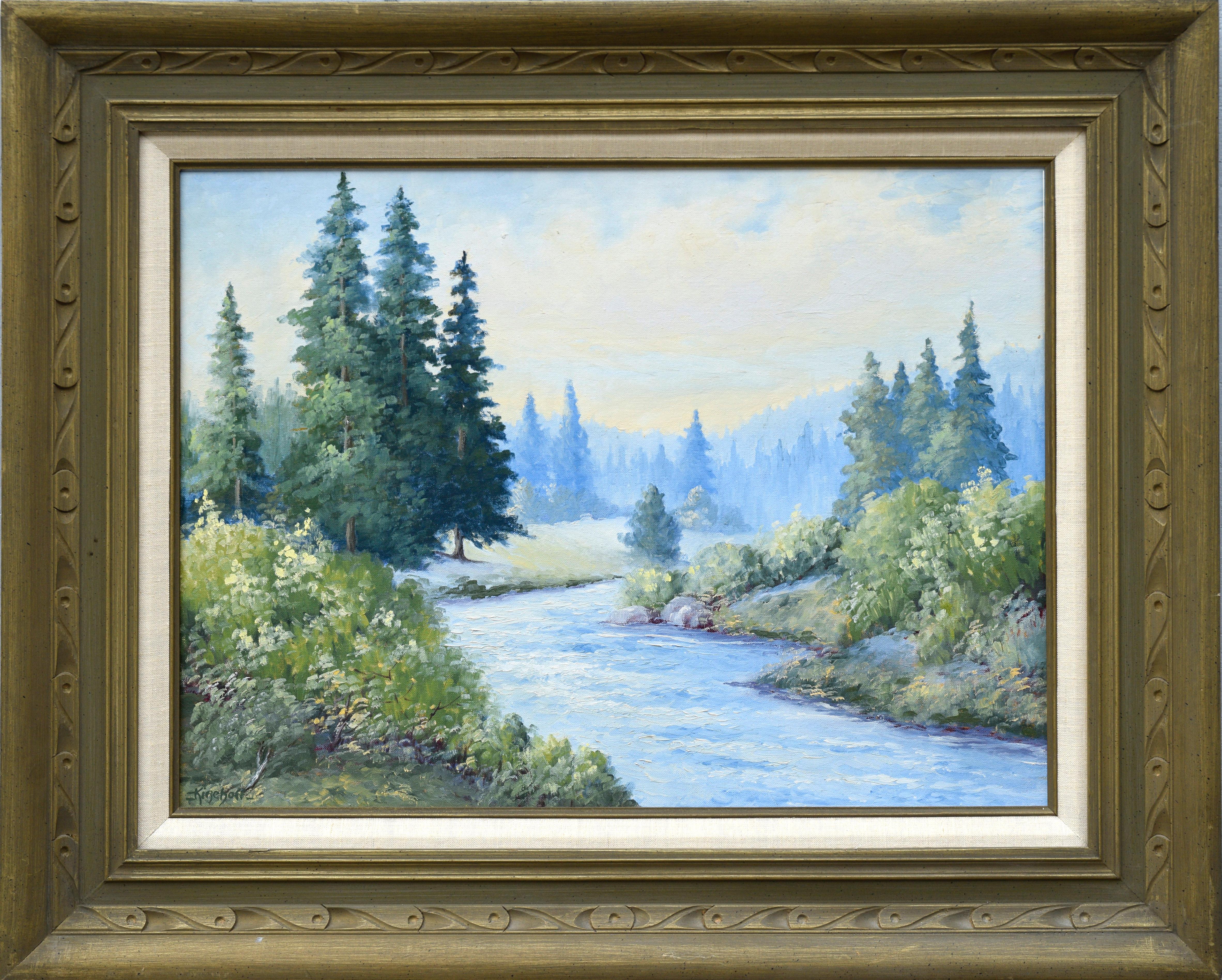 Loretta Adele Lee Kirchoff Landscape Painting -  McKenzie River, Oregon - Mid Century Pacific Northwest Evergreen Landscape
