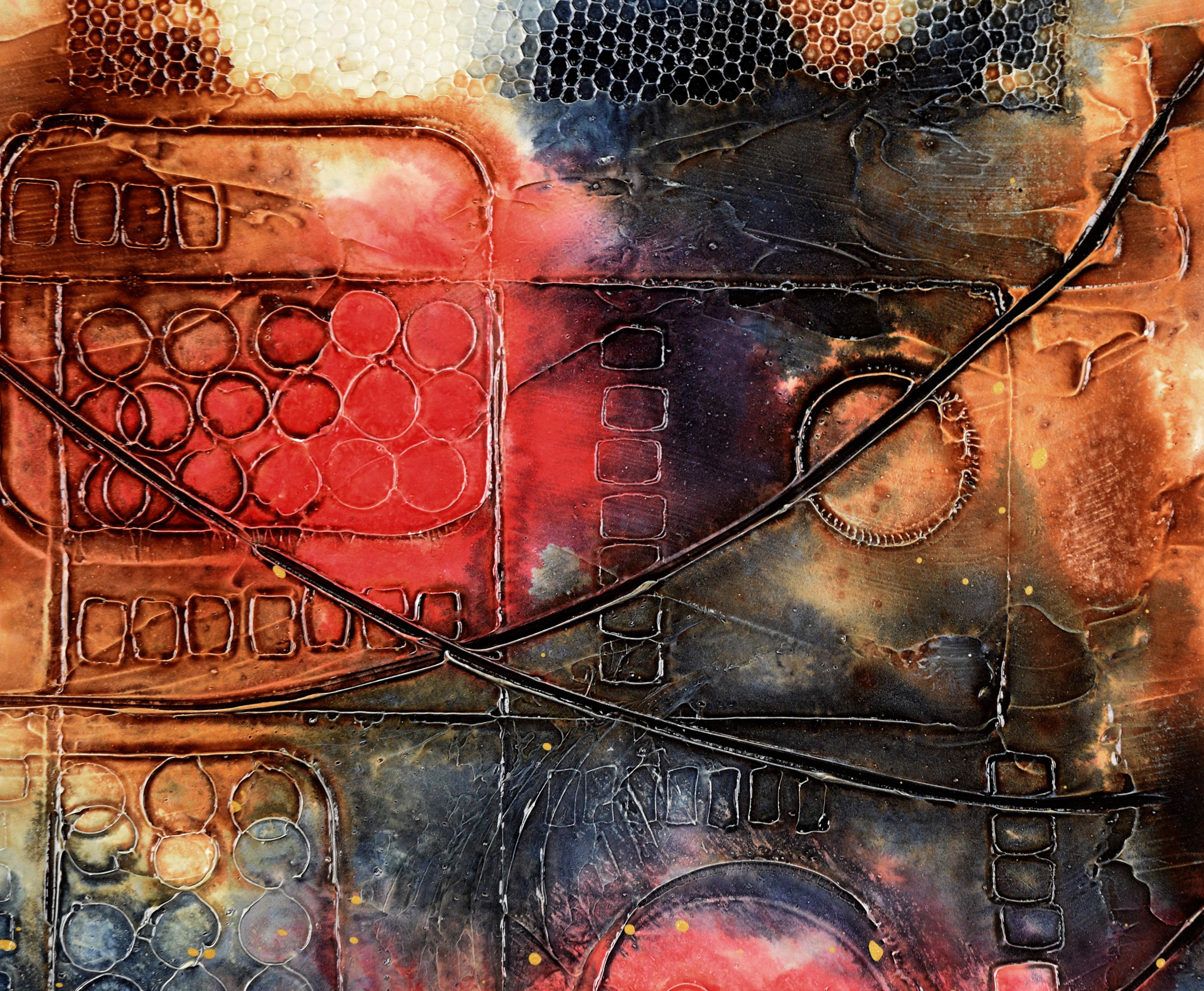 Texturierte abstrakte expressionistische Komposition in Acryl auf Karton

Strukturierte und detaillierte abstrakte Komposition von Loretta Burton Youngman (Amerikanerin, geb. 1943). Rote und kohleblaue Flecken befinden sich auf einem gelben und