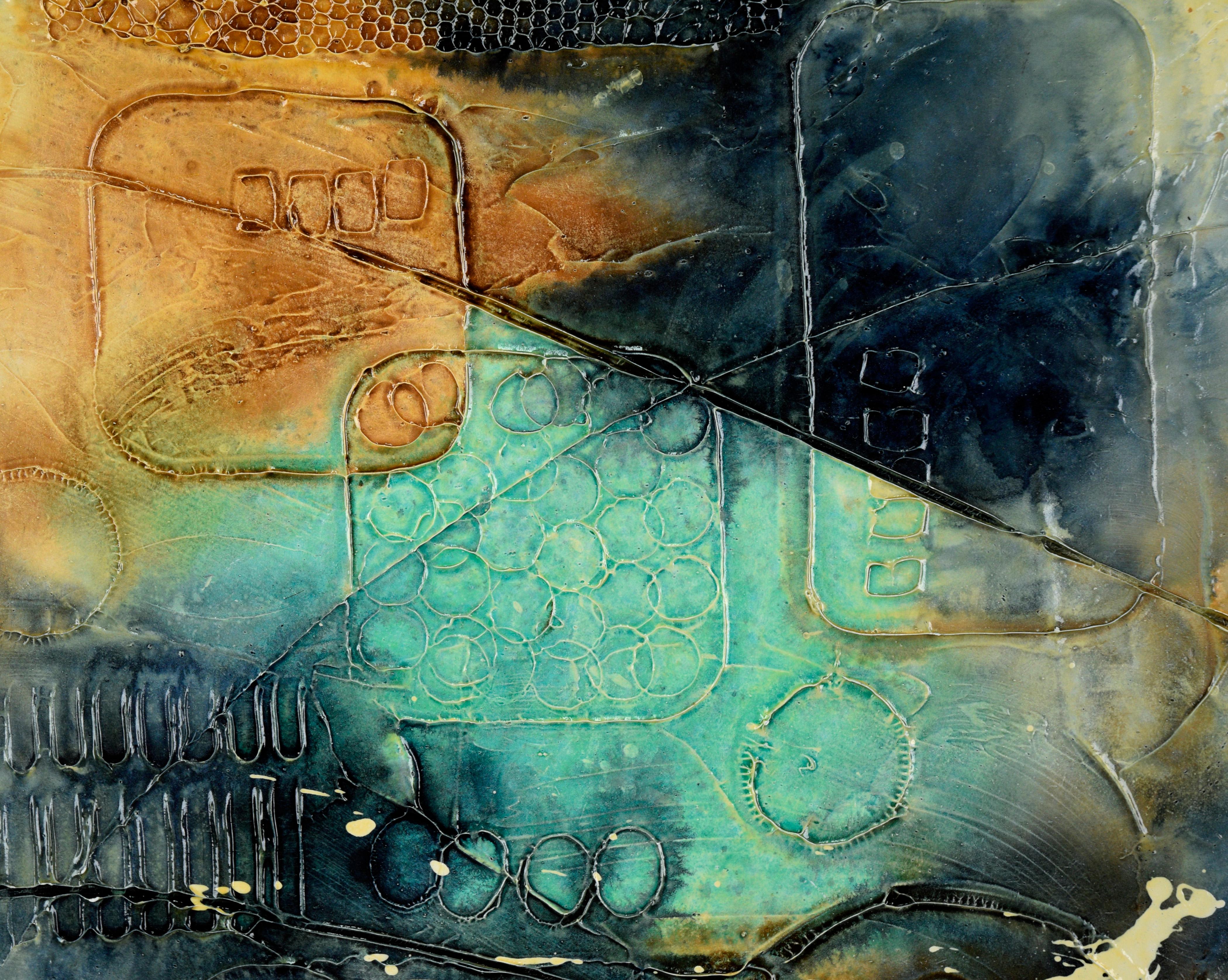 Textured Abstract Expressionist Composition in Acrylic on Board

Textured and detailed abstract composition by Loretta Burton Youngman (American, b. 1943). Teal and charcoal blue patches sit atop a yellow and tan background. There are overlapping