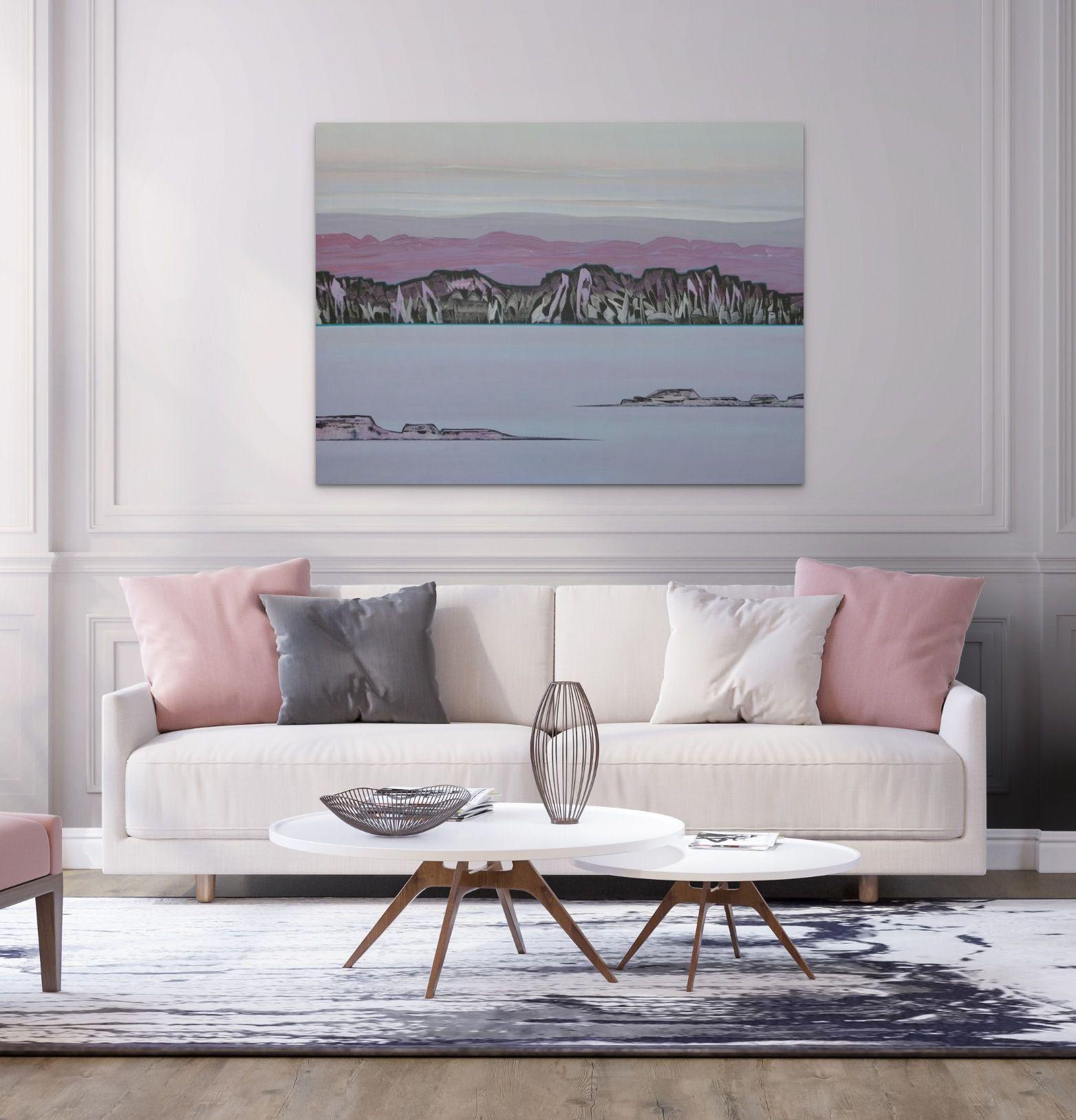 This abstract landscape piece by Loretta Kaltenhauser immerses viewers in a dreamscape of tranquility. The artwork vibrantly blends hues of purple, blue, and black, emulating the vast ocean and its adjoining mountainous coast. The rich grey painted
