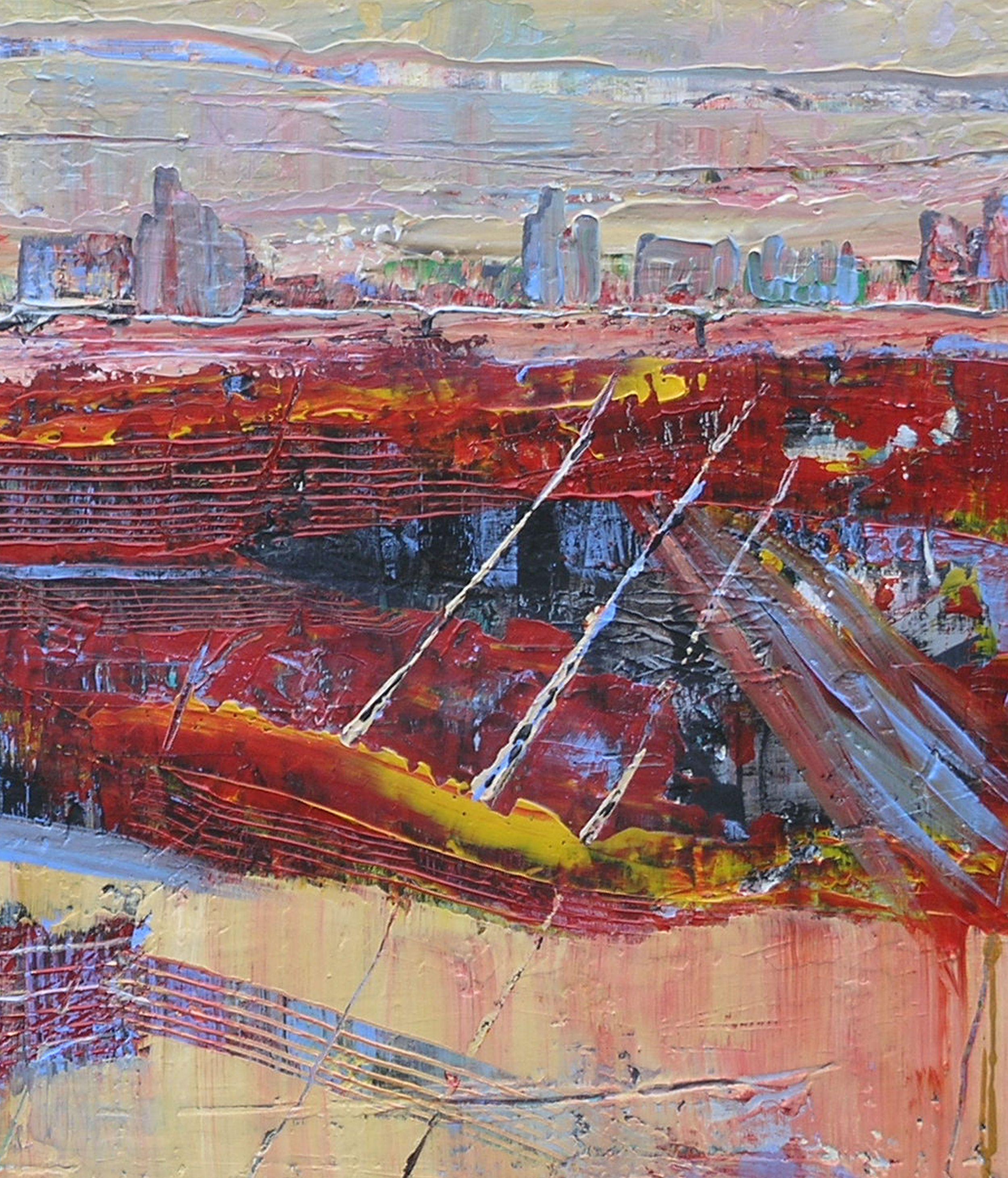 La mia versione di un paesaggio urbano astratto, con un'atmosfera organica e segnata dalle intemperie. Strati multipli, texture, forme e colori audaci mescolati a quelli più tenui ne fanno una dichiarazione dinamica per la tua casa o il tuo ufficio.