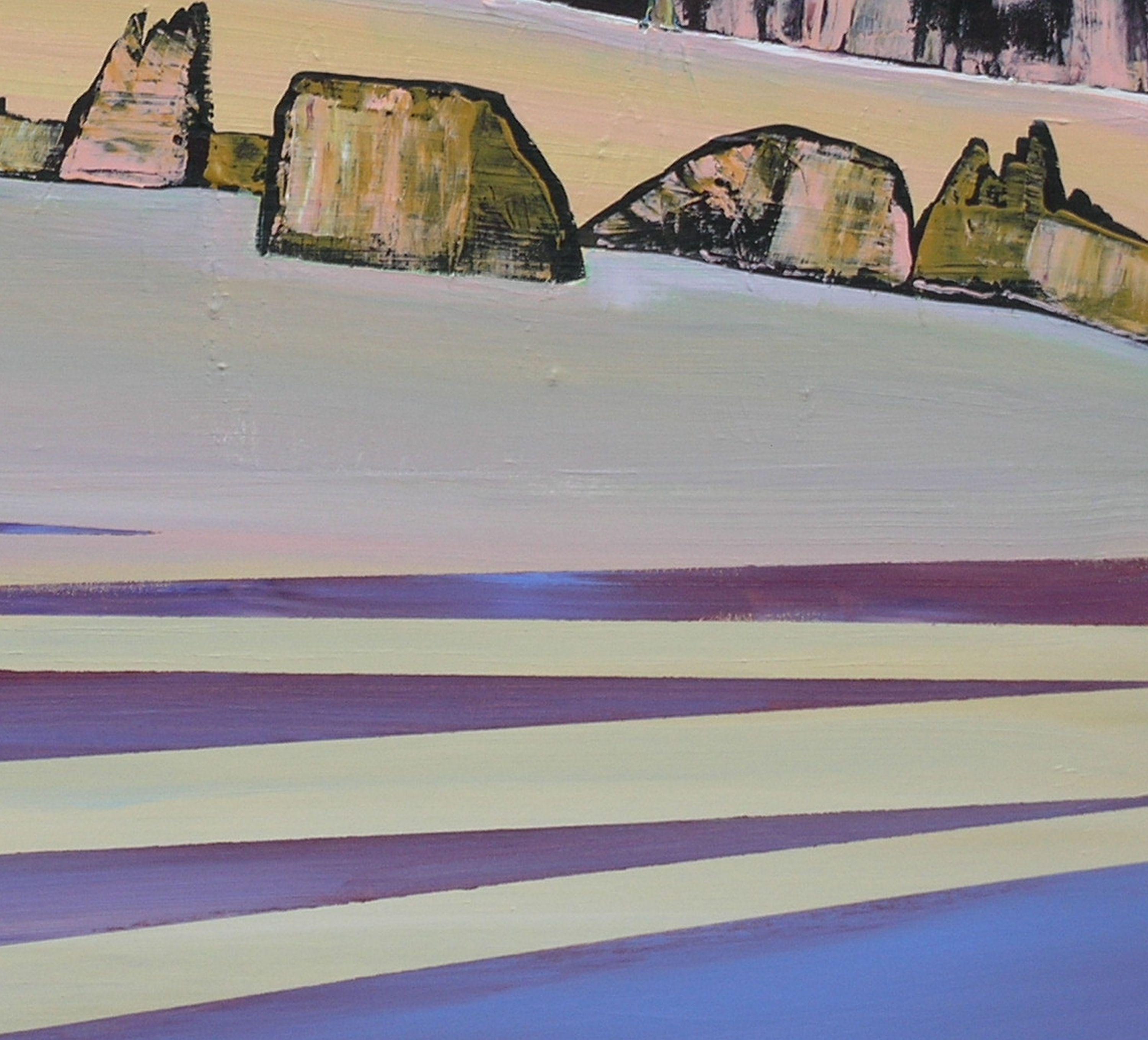 Loretta Kaltenhauser transports viewers to a personal sanctuary of peace and solitude through her abstract landscapes. Vibrant textures and subtle gradients evoke the quietude of mountainous terrains, offering a retreat into an imaginary world where