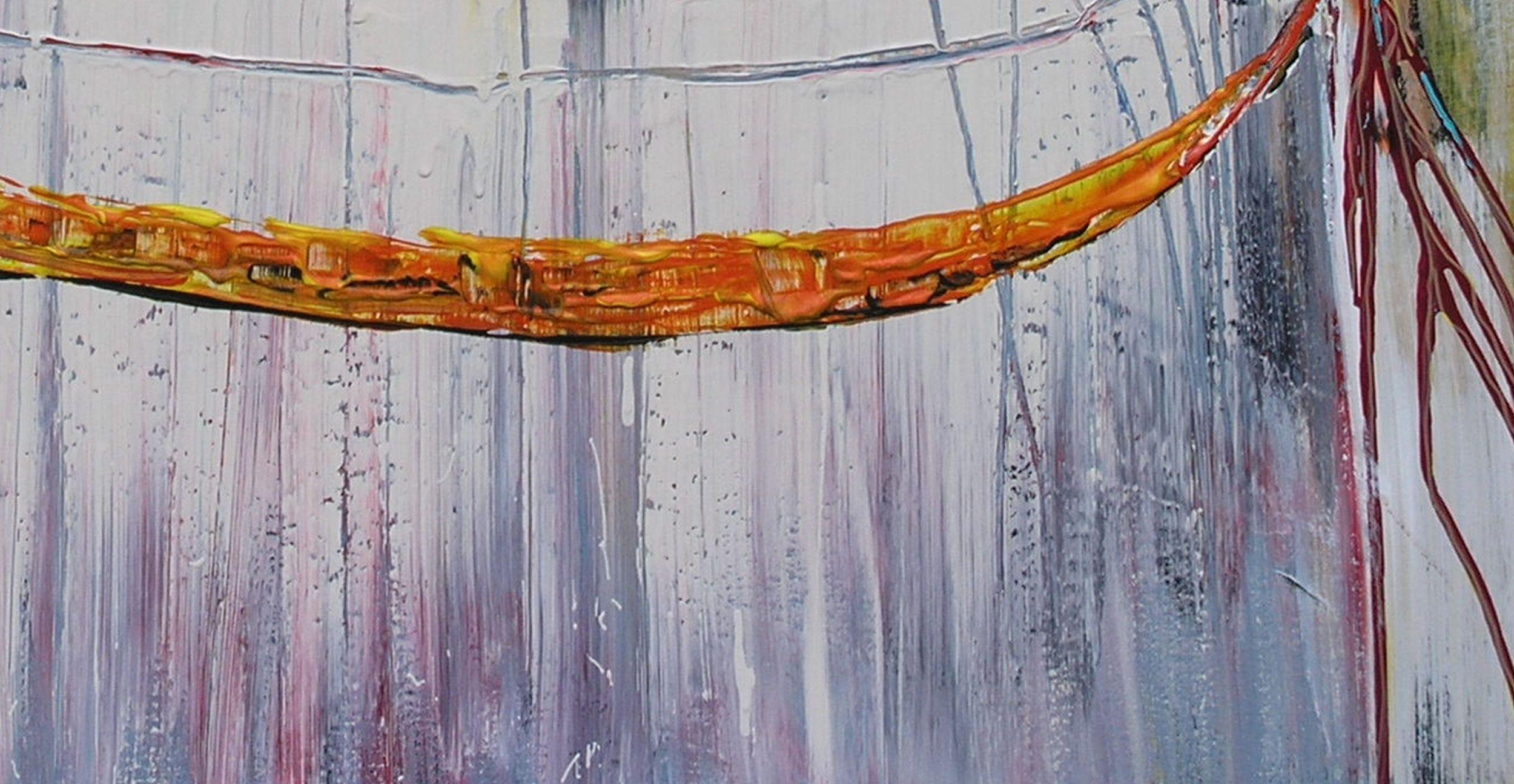 Loretta Kaltenhauser's 'Resurgence' is an abstract celebration of color and energy. Bright, bold, and captivating, this artwork serves as a feast for the mind's eye, blending vibrant shades of amber, red, blue, and lavender into a dynamic
