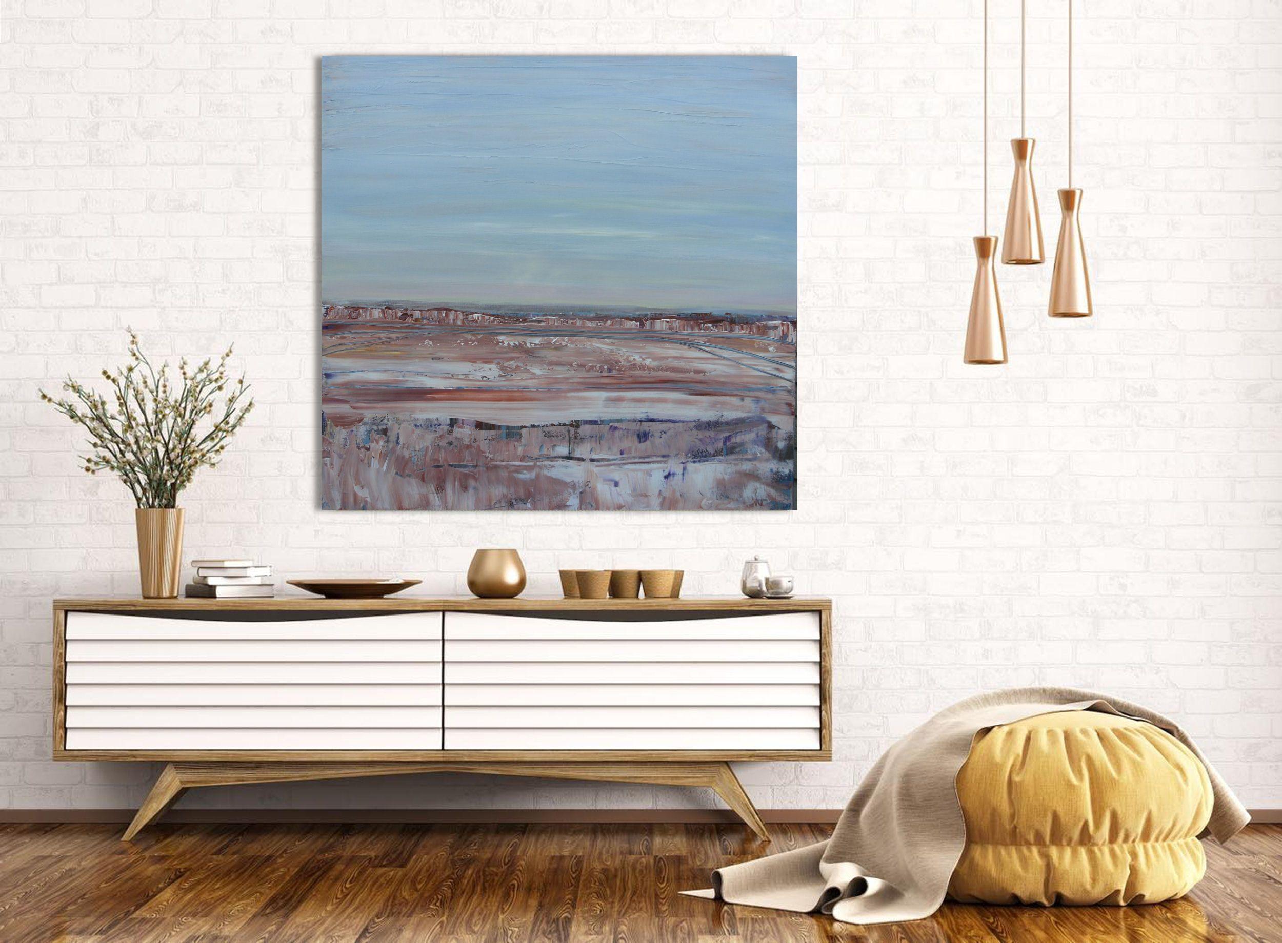 I miei paesaggi astratti si basano sull'atmosfera e sul colore. Qui ho incorporato una città nascosta tra le montagne e il deserto.   Le mie tele e i miei colori sono di livello professionale e sono realizzati solo con materiali di altissima