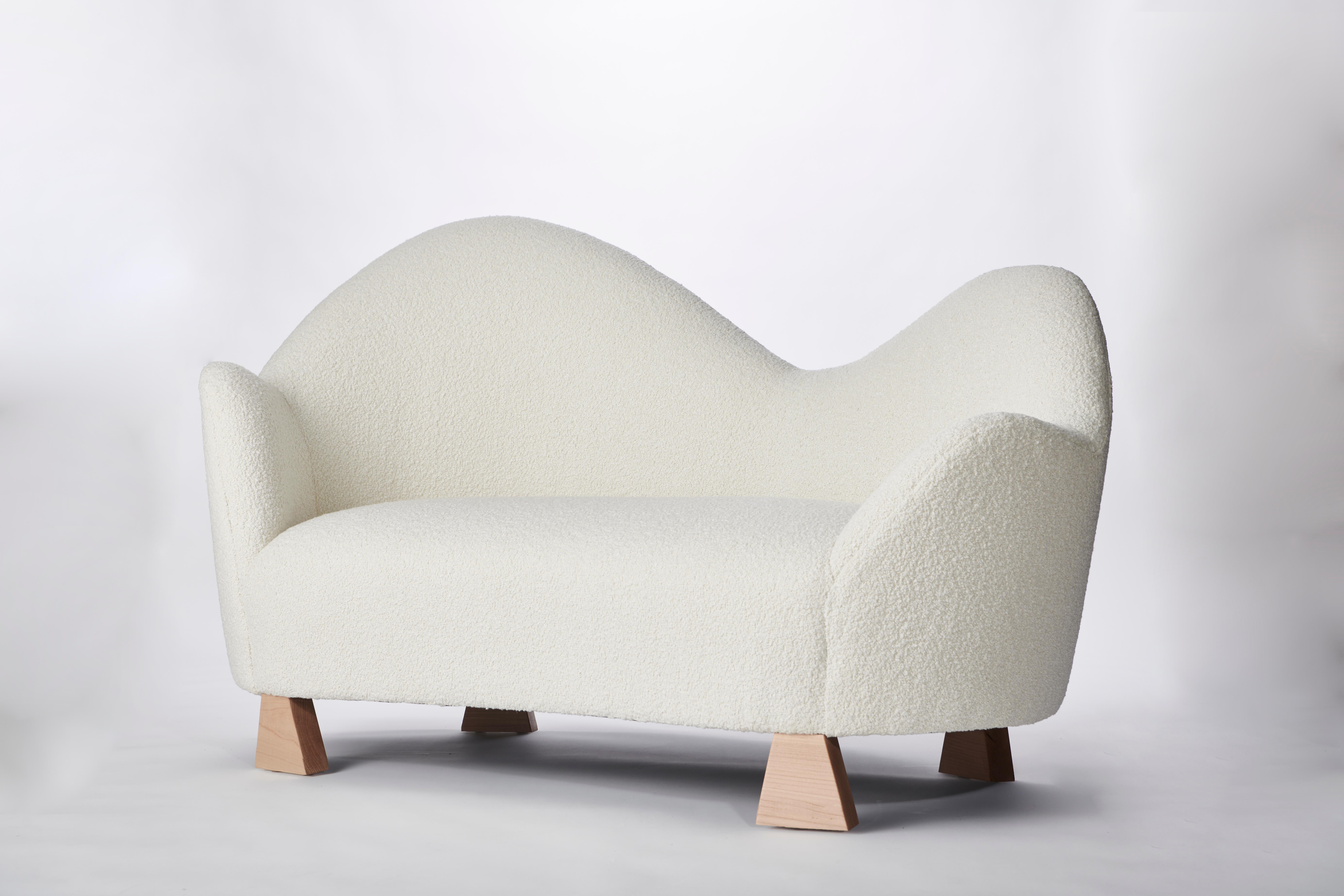Modern Lorette Settee, Ivory Bouclé & Natural Wood Settee by Christian Siriano For Sale