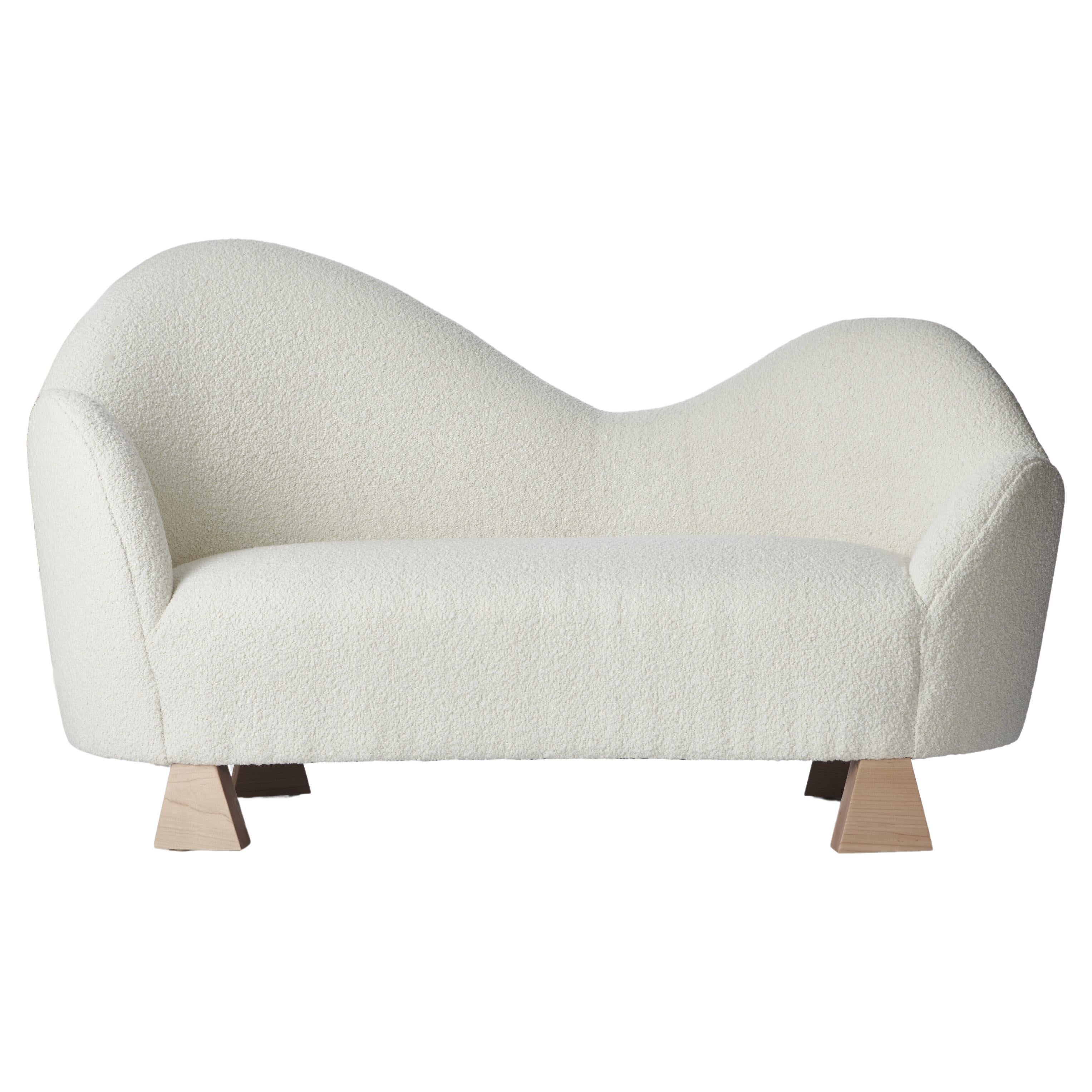 Lorette Settee, Ivory Bouclé & Natural Wood Settee by Christian Siriano For Sale