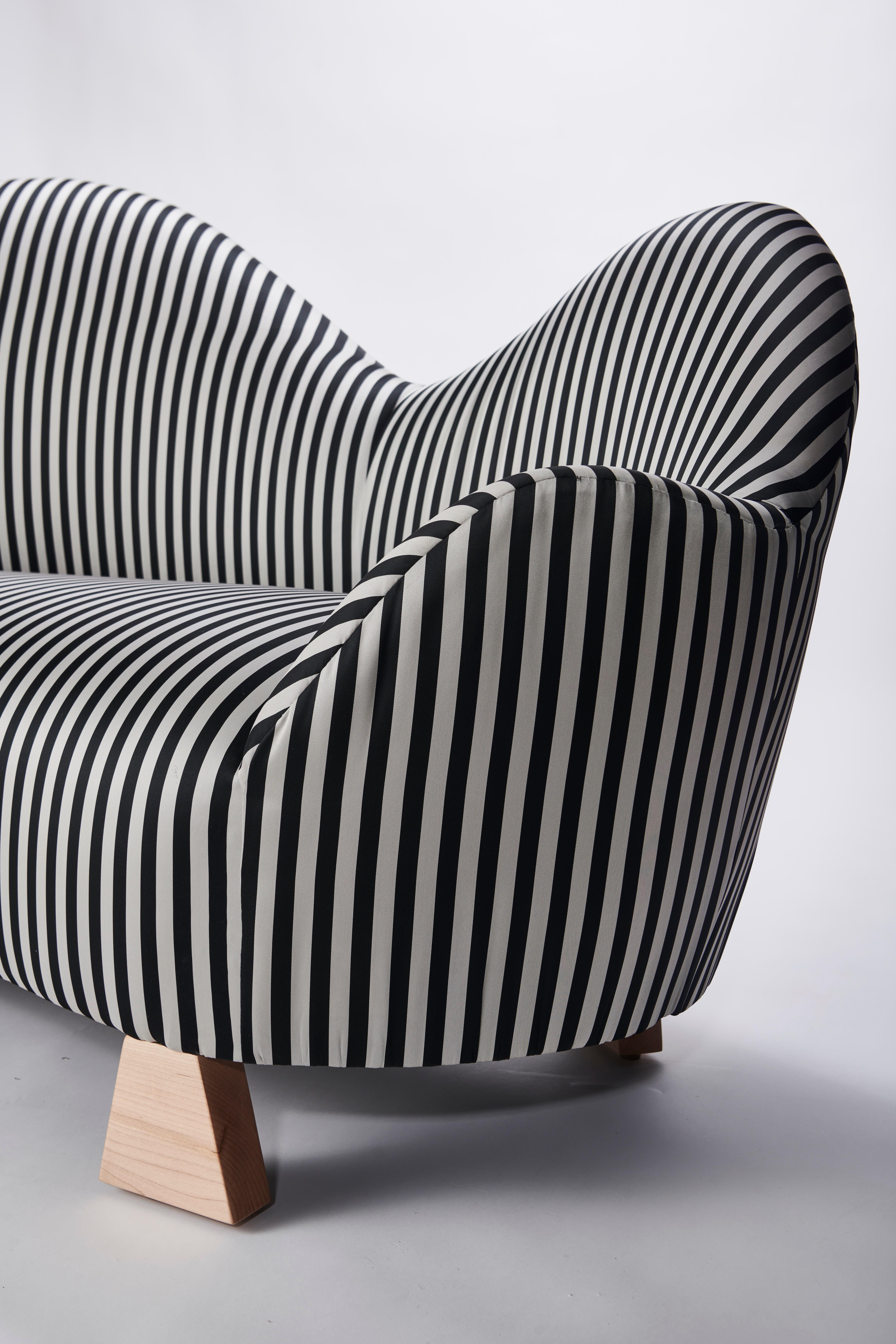 Modern Lorette Settee, Stripe Silk & Natural Wood Settee by Christian Siriano For Sale