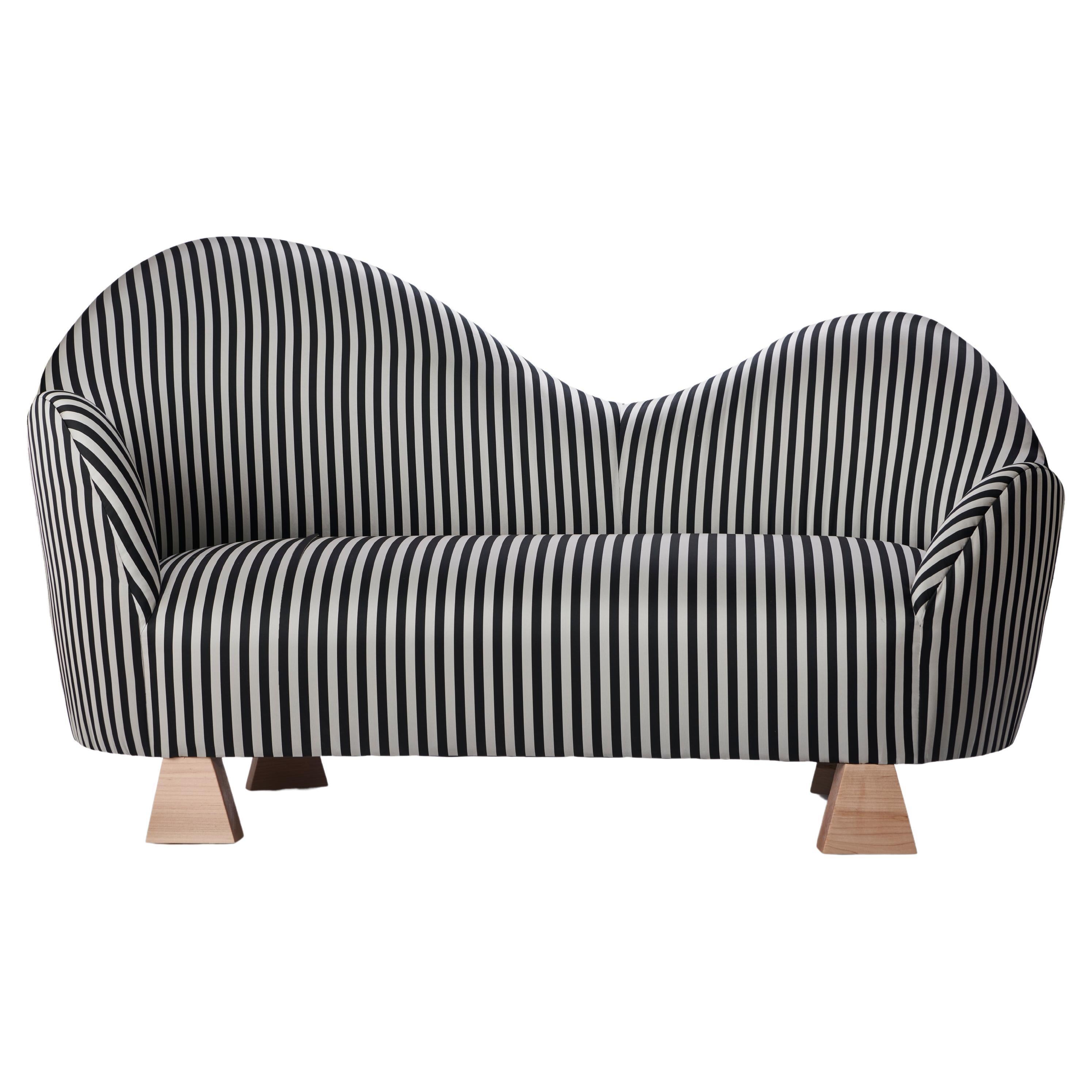 Lorette Settee, Stripe Silk & Natural Wood Settee by Christian Siriano For Sale