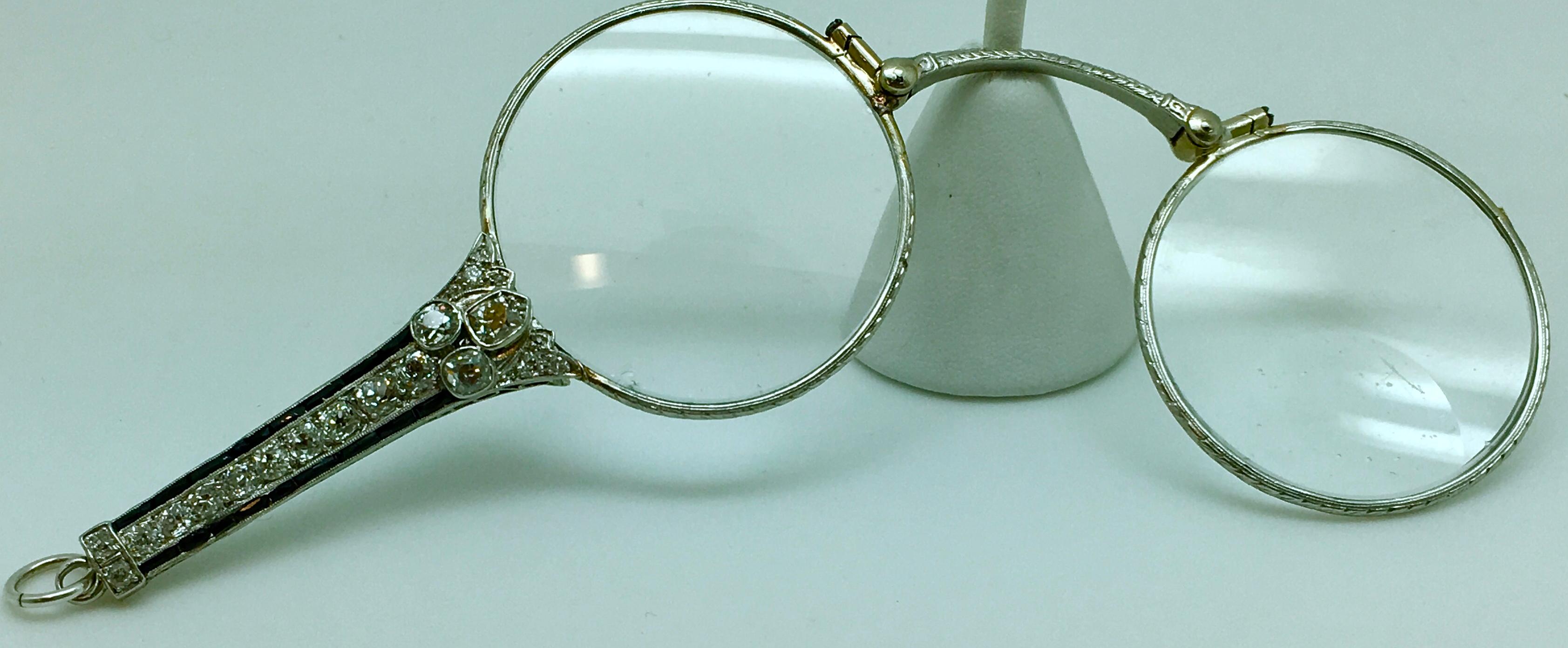 Women's or Men's Lorgnette Platinum Diamond and Sapphire For Sale