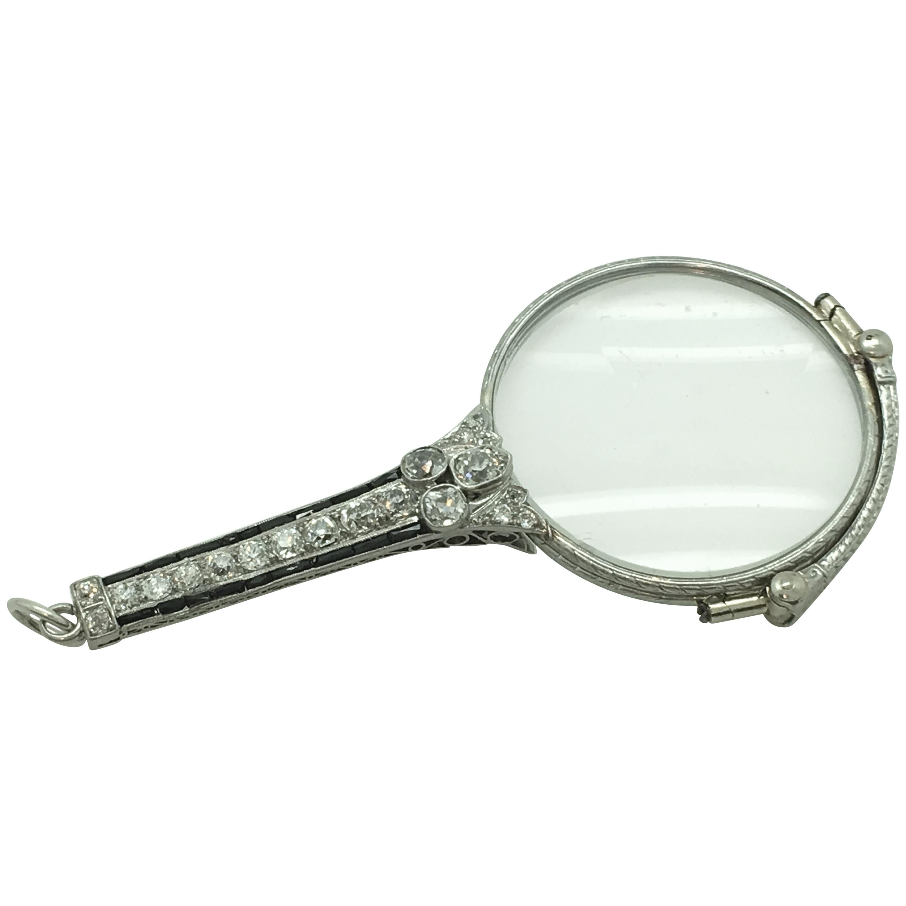 Lorgnette Platinum Diamond and Sapphire For Sale