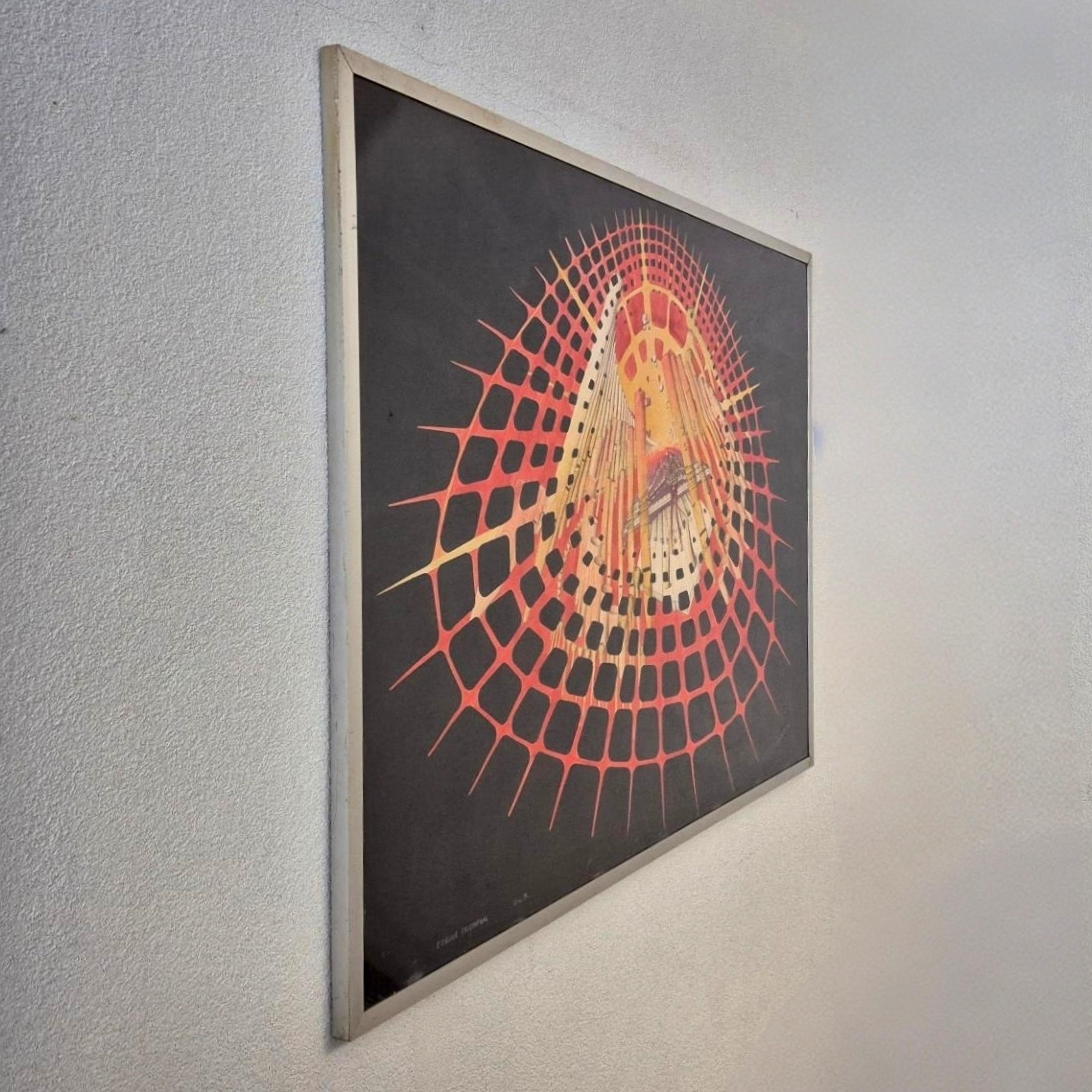 Very large surrealistic painting by Belgian artist Jean Claude Davroux. The work is called L'orgue triumphal (the triumphal organ). Created in 1974. Signed and dated.
The work is framed in an aluminium frame with a plexiglass plate. The painting