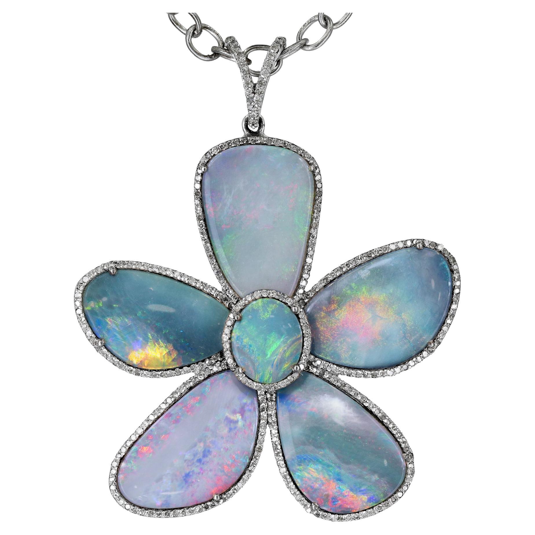 Fiery Blue Opal + Diamond Rhodium Silver Flower Enhancer Pendant, Lori Barros