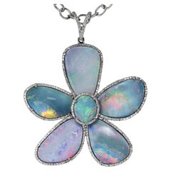 Blue Opal Doublet + Diamond Rhodium Silver Long Chain Necklace, Lori Barros
