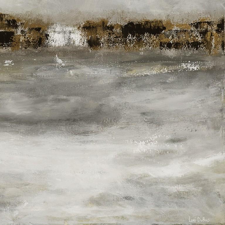 Lori DuBois' impressionistic waterscapes capture the mood and feel of a day looking out at the water and its changing surface. In 'Rain,' Dubois captures the overcast tones of rain clouds and grey water from a New England shore.