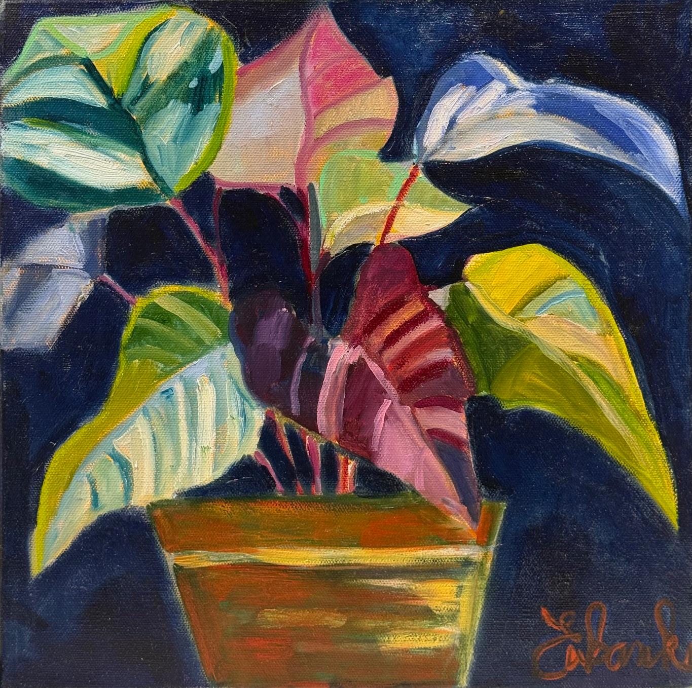This painting presents a potted plant with broad, glossy leaves set against a deep, dark blue background. The composition feels intimate and centered, with the plant fanning outward in a loose, almost symmetrical arrangement.

The leaves are the