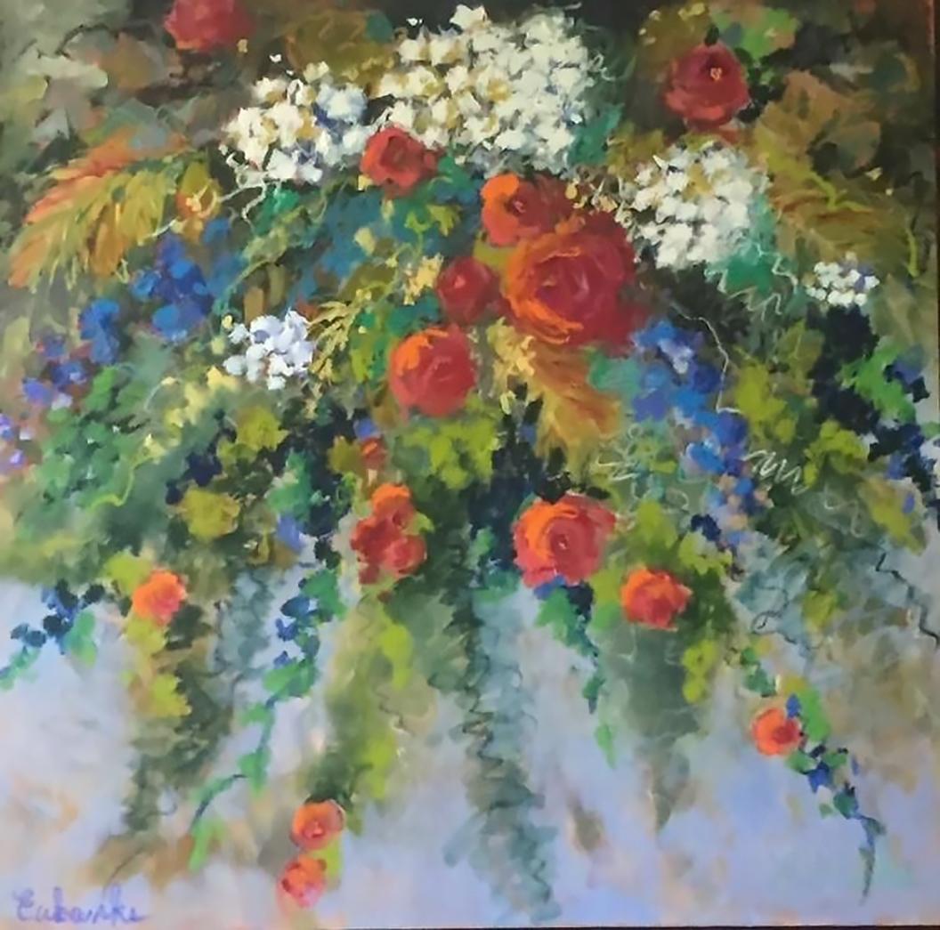 Lori Eubanks, "Celebration", pittura a olio su tela 36x36 con bouquet floreale