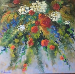 Lori Eubanks, "Celebration", pittura a olio su tela 36x36 con bouquet floreale