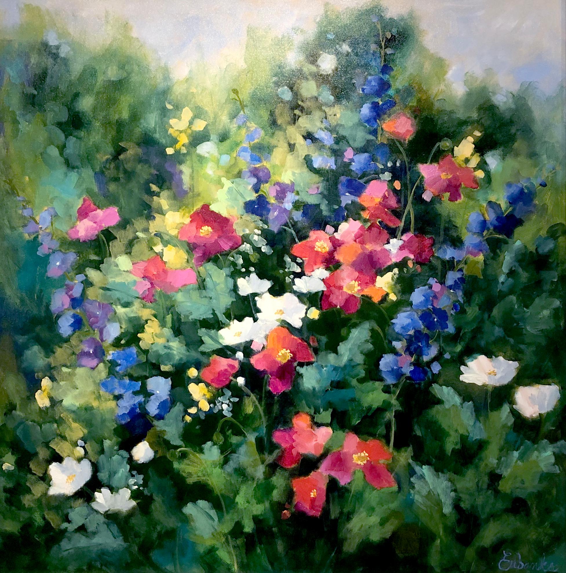 Lori Eubanks, « Full of Joy », peinture à l'huile sur toile de jardin à fleurs colorées 36 x 36