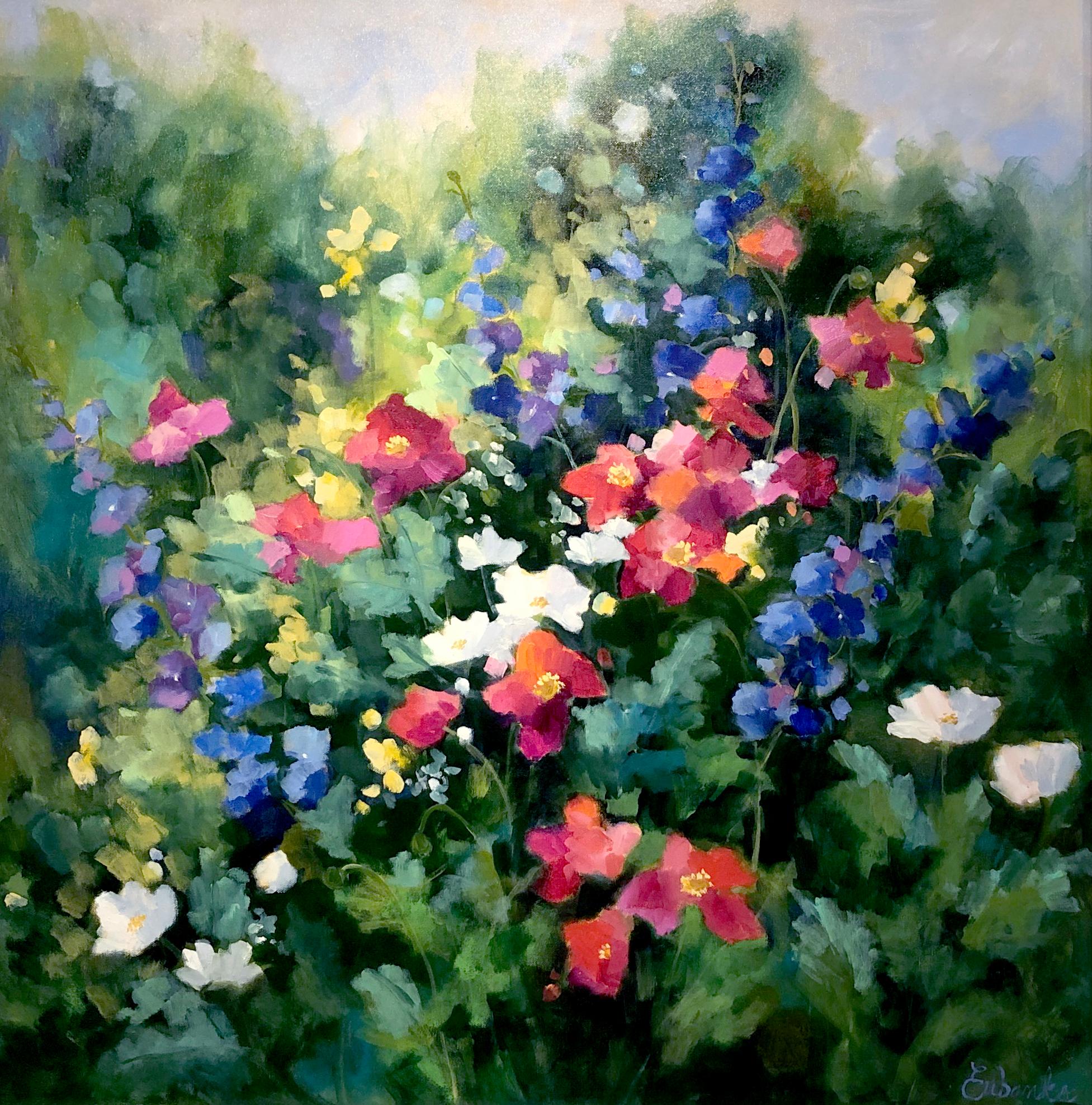 Lori Eubanks, "Full of Joy", 36x36 Colorful Floral Garden Oil Painting on Canvas