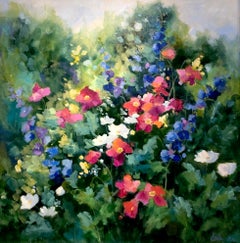 Lori Eubanks, "Full of Joy", 36x36 Colorful Floral Garden Oil Painting on Canvas