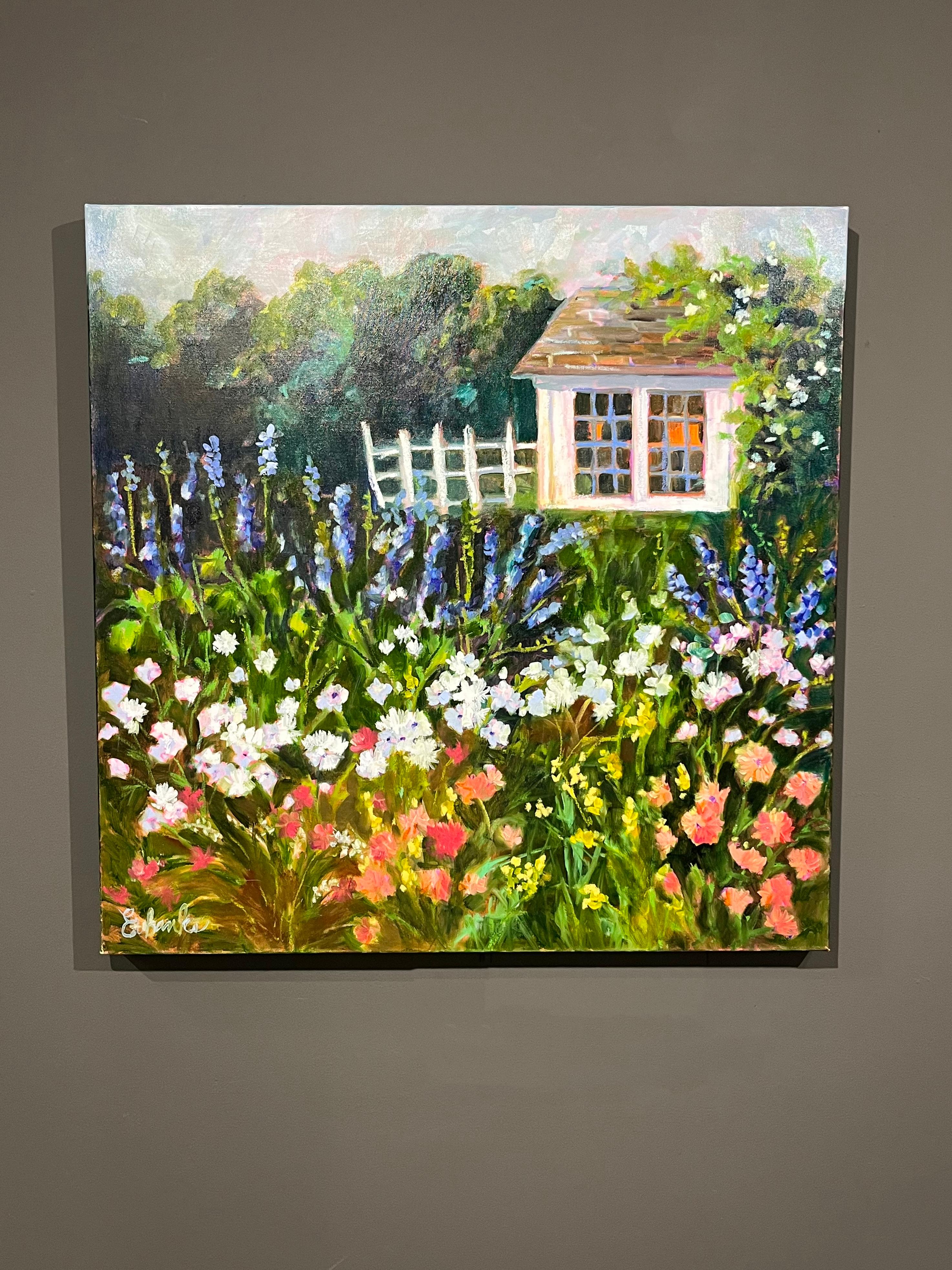 Lori Eubanks « In My Garden », 30x30 Paysage de maison et de jardin sur toile en vente 1
