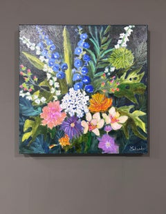Lori Eubanks, "Es ist ein Dschungel da draußen" 20x20 Bright Flower Garden Öl auf Leinwand