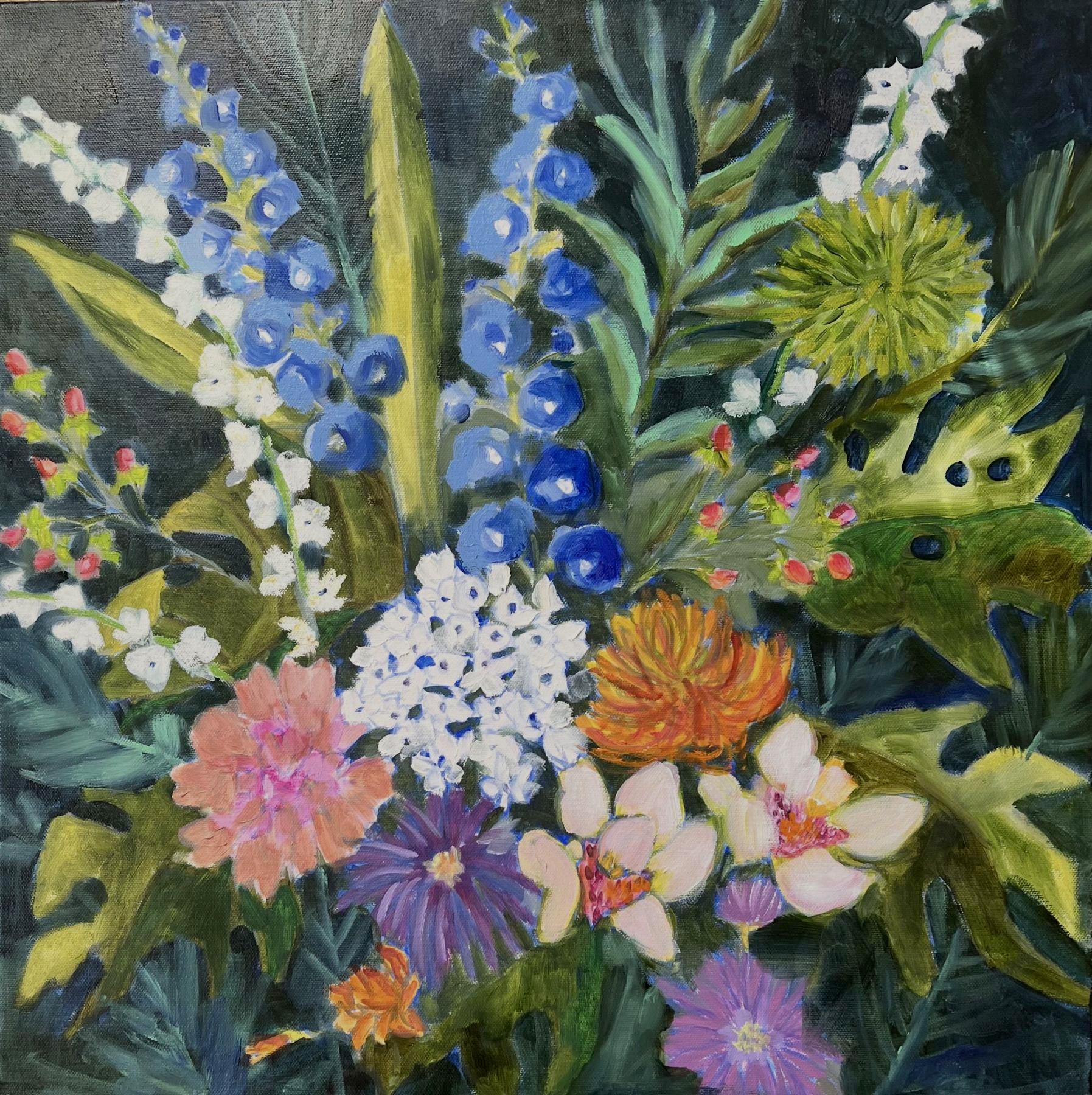 Es una selva ahí fuera", de Lori Eubanks, es un óleo sobre lienzo de 20x20 que representa un colorido jardín floral lleno de flores variadas sobre un fondo azul intenso. El gran contraste entre las flores y el fondo crea unas piezas con mucha