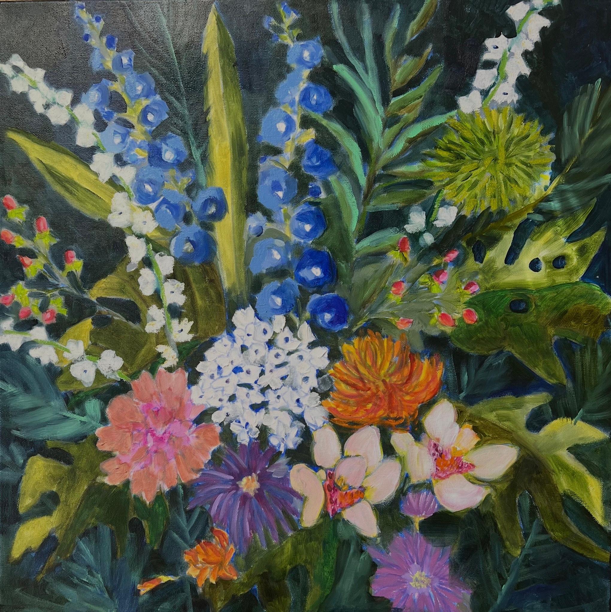 This painting depicts a lively, abundant bouquet arranged in a clear glass vase set on a warm wooden surface. The background is a deep, nearly black tone, which makes the colors of the flowers appear especially vivid and illuminated.

The