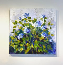 Lori Eubanks, „Licht und Schatten“, Blauer Hydrangea Bush, Öl auf Leinwand