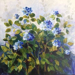 Lori Eubanks, „Licht und Schatten“, Blauer Hydrangea Bush, Öl auf Leinwand