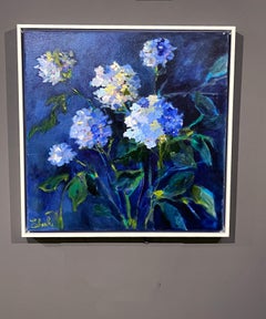 Lori Eubanks, "Midnight Blues", 24x24 Blue Hydrangea Bush Oil Painting on Canvas