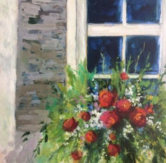 Lori Eubanks, "My View", Red Flower Bush Window Oil Painting on Canvas, 2019