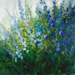 Lori Eubanks, „Royal Blooms“, Blaues Blumengarten-Ölgemälde auf Leinwand, 2020