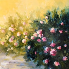 Lori Eubanks, „Sunny“, Rosa Blumengartenpfade, Ölgemälde auf Leinwand