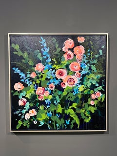 Lori Eubanks, "Atemporal", Pintura al óleo sobre lienzo 36x36 Rosa sobre azul floral