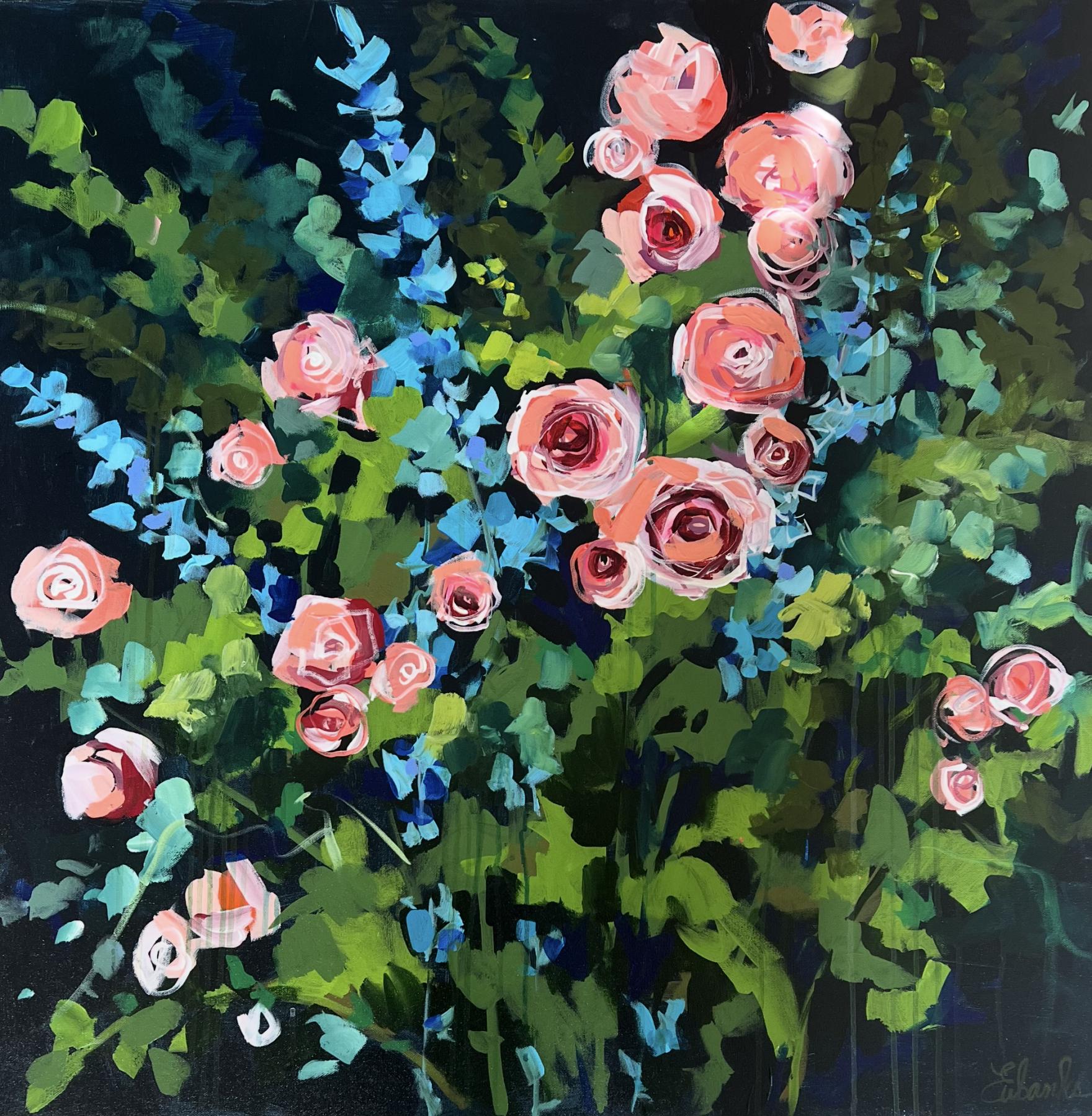 Lori Eubanks' "Timeless" is a 36x36 oil painting on canvas. Depicted is a lively bouquet of pink roses set against a deep blue and black background. The high contrast between the flowers and background creates a high energy pieces with a lot of